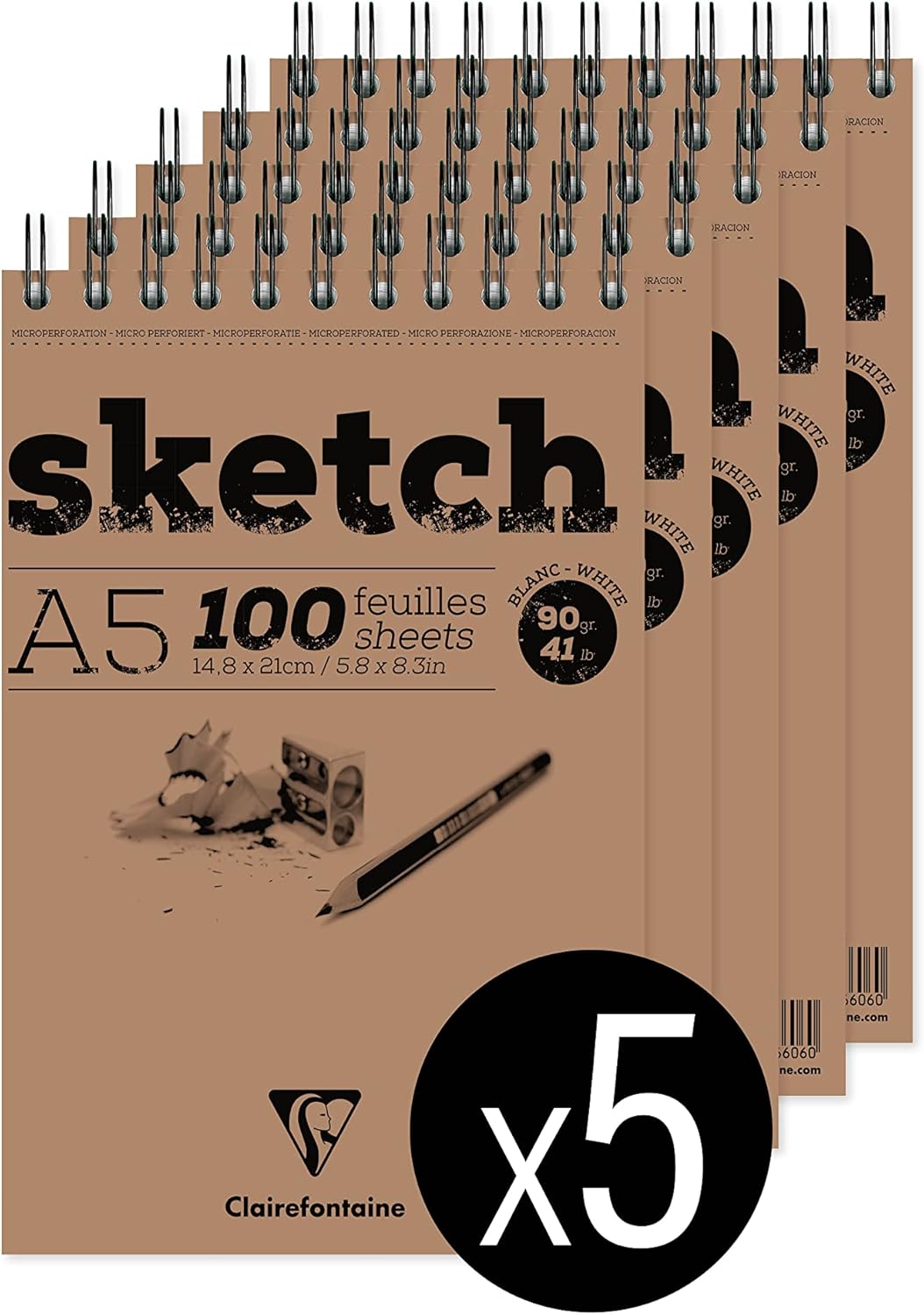 Thumbnail 5 de Clairefontaine 96604Cpack – Bloc Spiralé en-tête Papier Sketch, 100 feuilles A4, 90 g, lot de 5