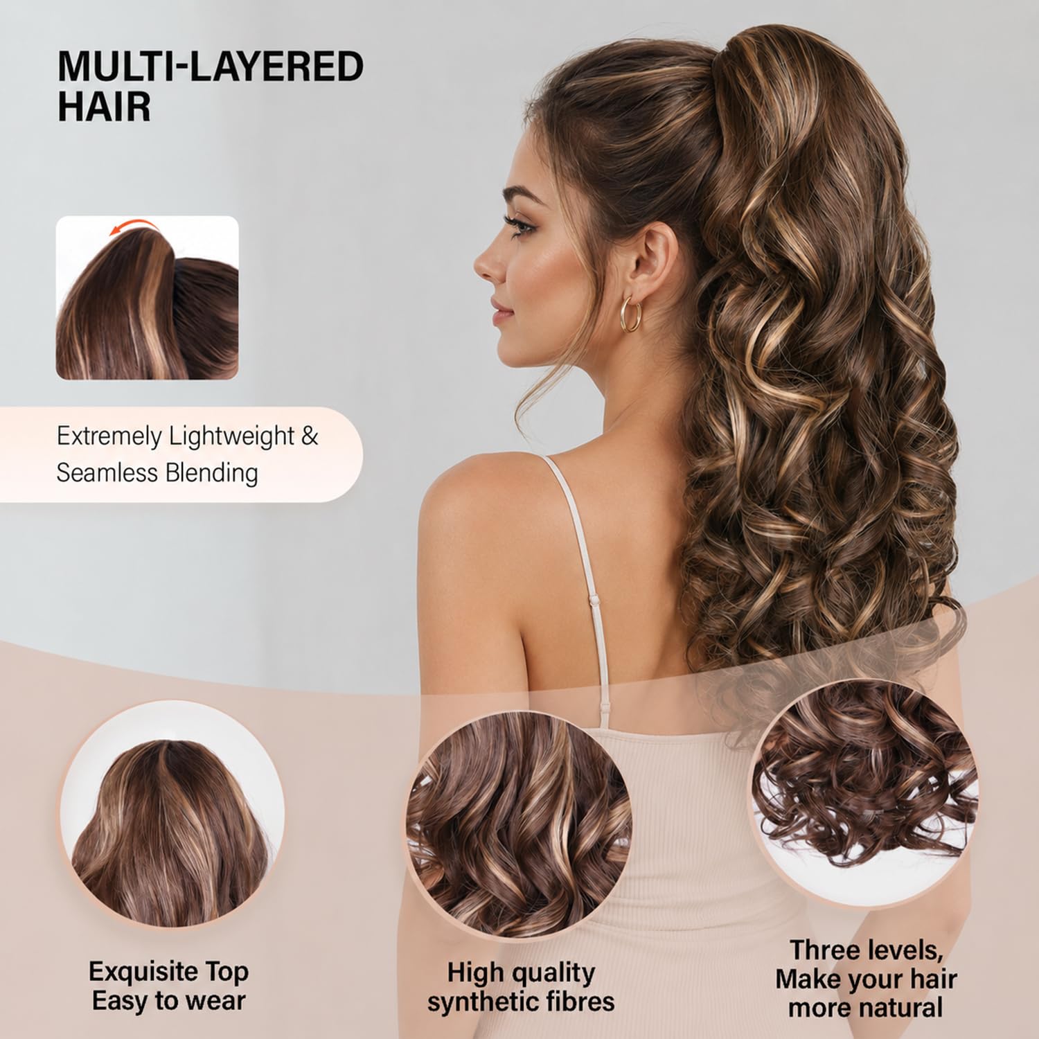Detalle de 24 Inch Clip-On Ponytail Extension for Women in Chestnut Brown With Golden Highlights