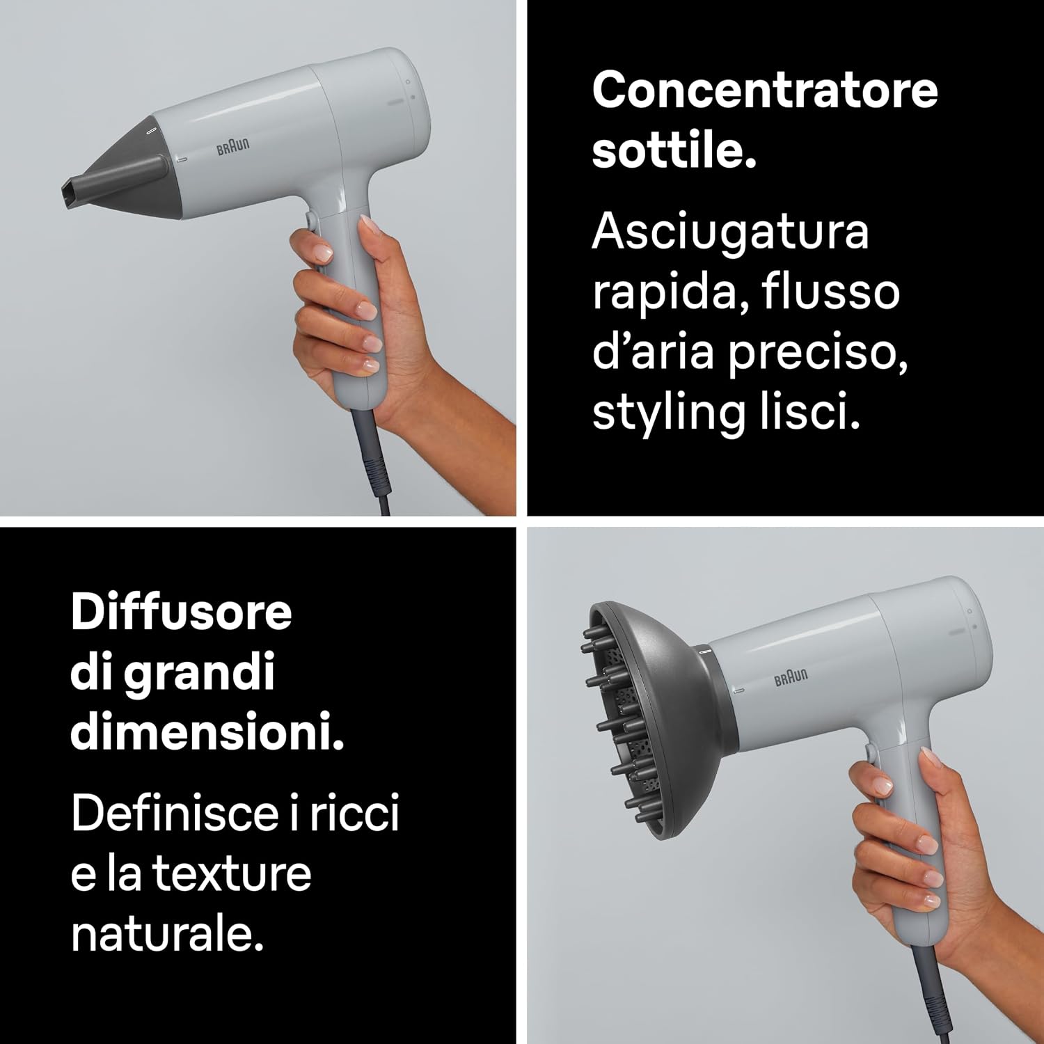 Detalle de Braun HD2.21 asciugacapelli 2200W con IONTEC, diffusore e concentratore
