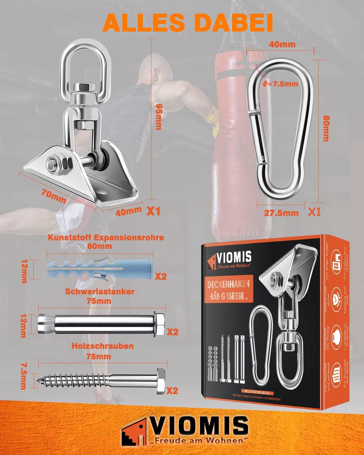 Detalle de Viomis Edelstahl Deckenhaken für Hängesessel bis 450 kg – 360° drehbare Deckenhalterung