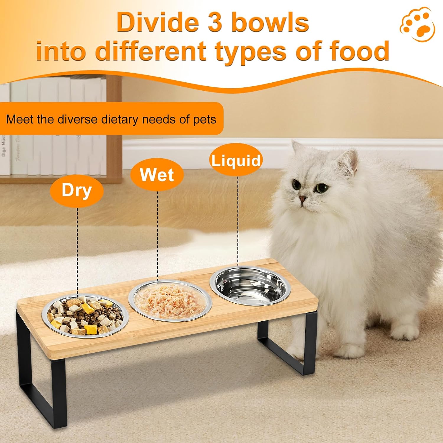 Thumbnail 3 de Raised Cat Bowl with Stand (15° Tilt) – Set of 3 Stainless Steel Bowls on Bamboo Base