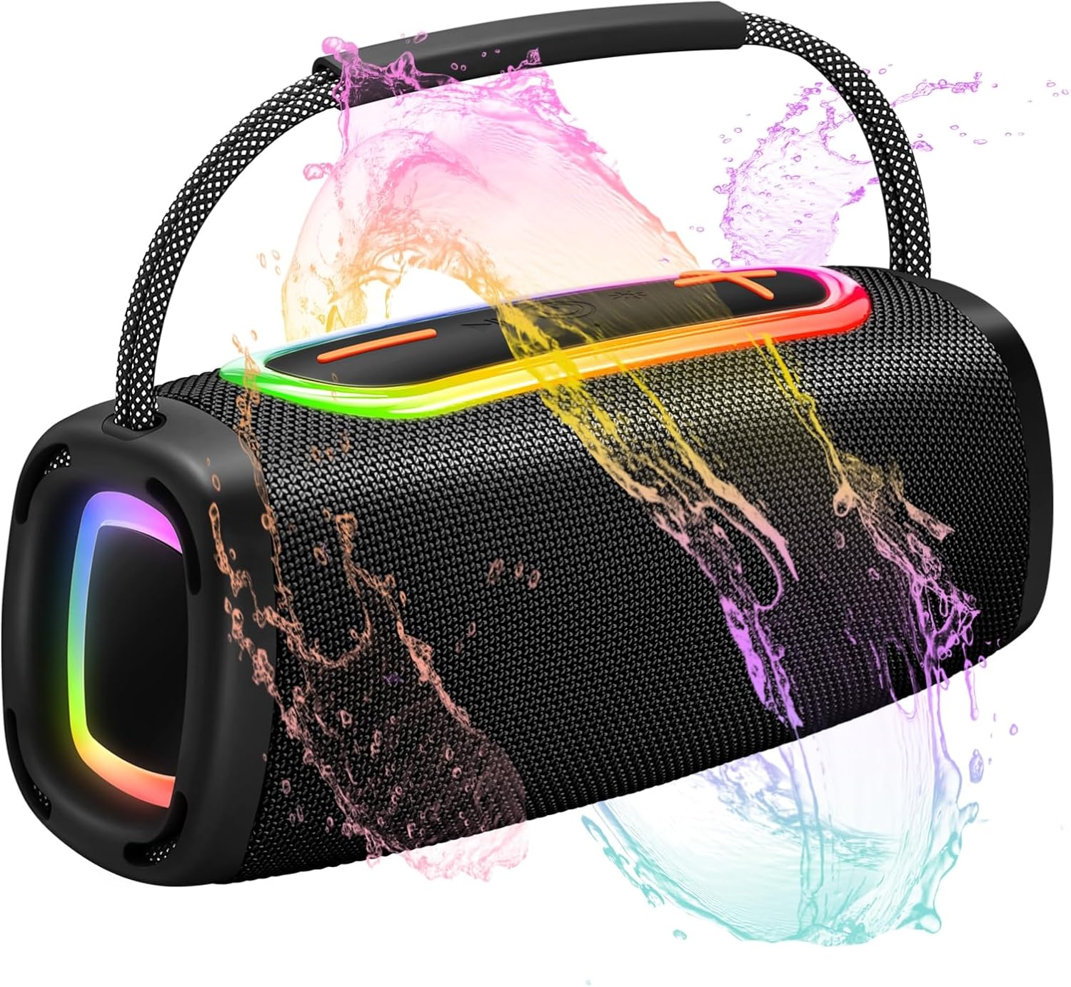 Detalle de Tragbarer Bluetooth-Lautsprecher mit Griff – IPX7, BT5.3, 24W, RGB-Lichtshow, 2×60-mm Treiber