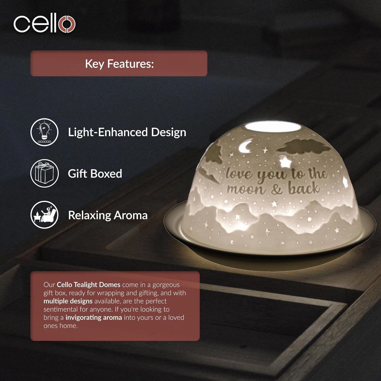 Thumbnail 2 de Cello Porcelain Tealight Holder Dome – “Love You To The Moon And Back” 3D Projection LED or Tealight