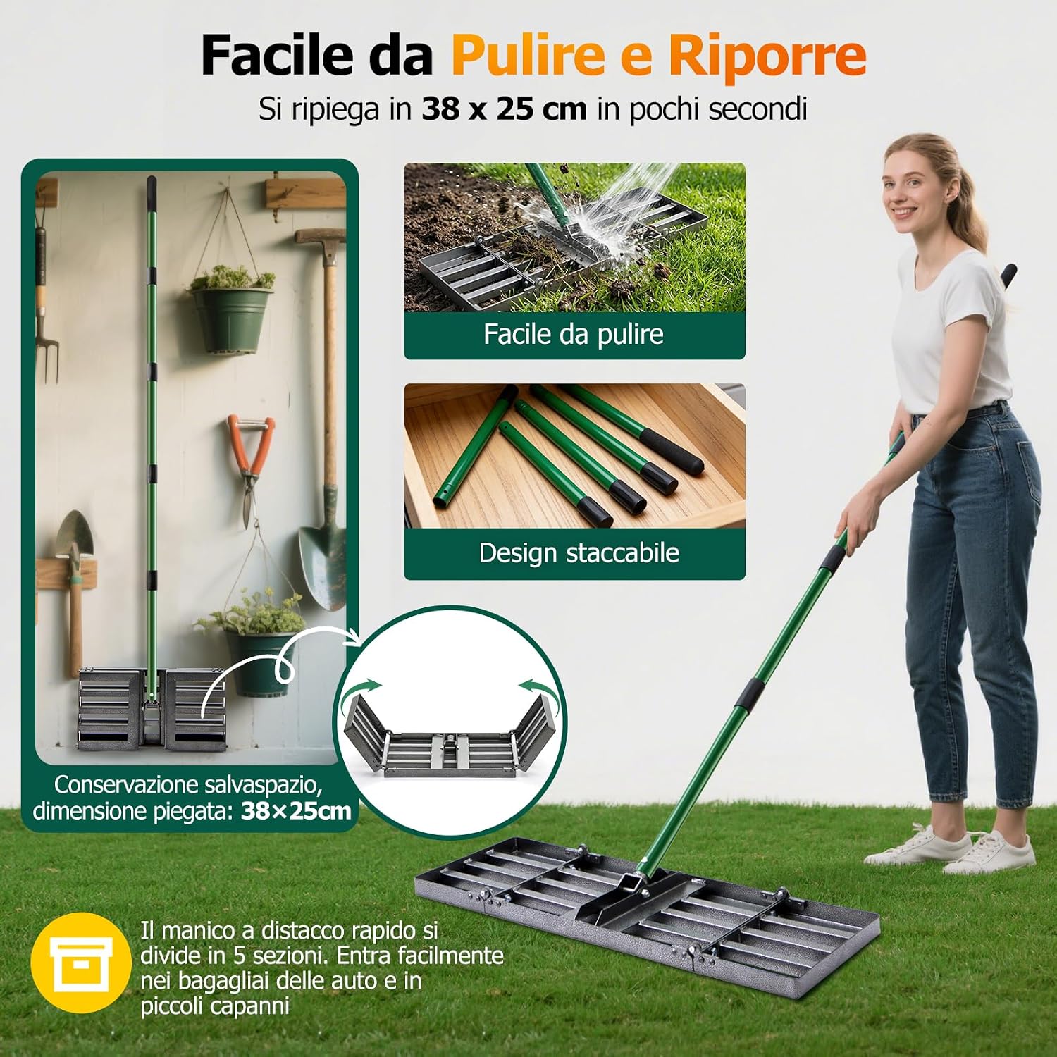 Thumbnail 6 de Rastrello per livellamento prato 76 cm • manico regolabile 84–196 cm • pieghevole