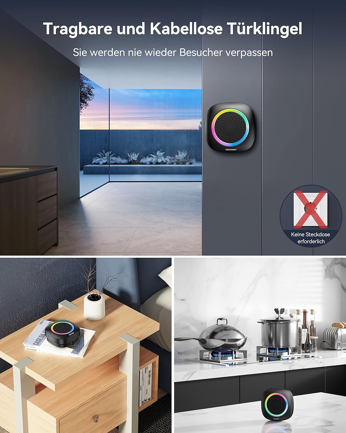 Detalle de TECKNET Funkklingel-Set (kabellos, batteriebetrieben) mit RGB-Licht, 60 Melodien und IP66