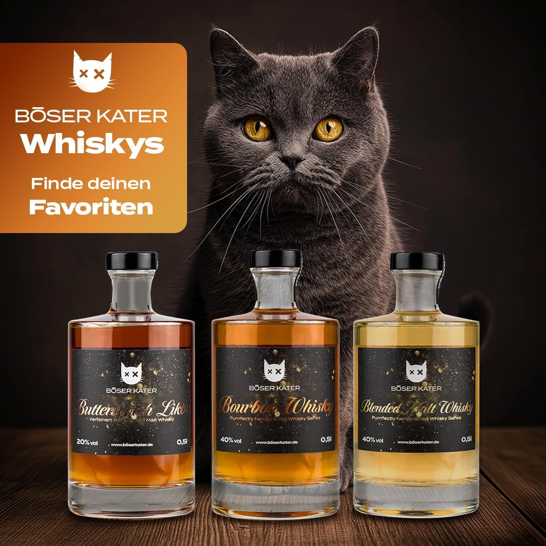 Detalle de BÖSER KATER Whisky Tasting Set (3×0,1 l, 40% Vol) in hochwertiger Geschenkbox – Bourbon, Blended Malt & Butterscotch Likör