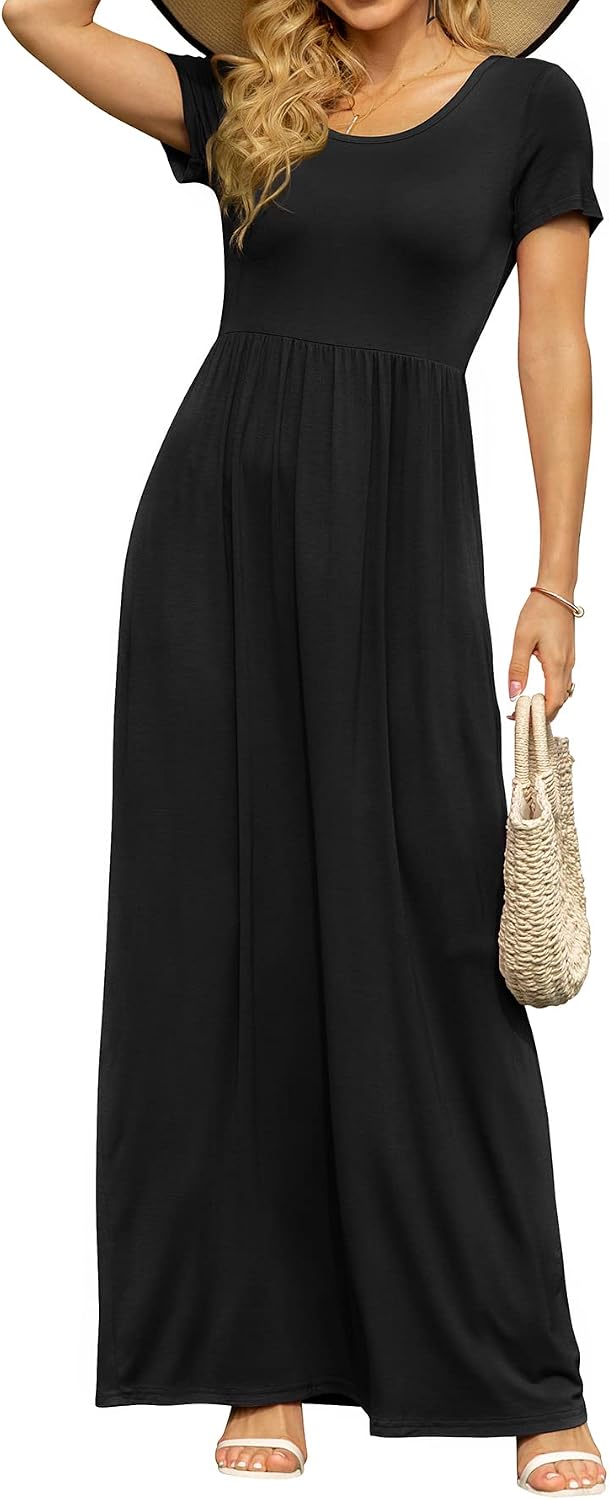 Detalle 2 de DB MOON Women’s 2026 Summer Maxi Dress with Pockets — Empire Waist, Short Sleeves, Casual Long Beach Maxi