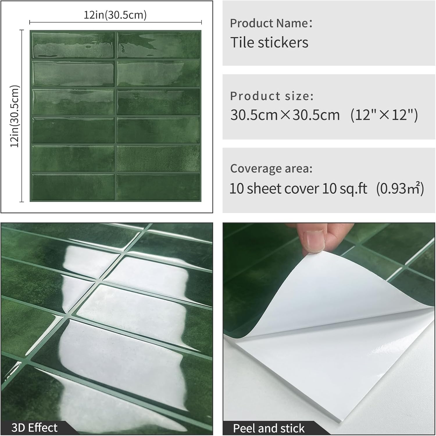 Detalle de DEWOO Fliesenaufkleber Grün Metro – Selbstklebende 30,5 x 30,5 cm, 10er Pack
