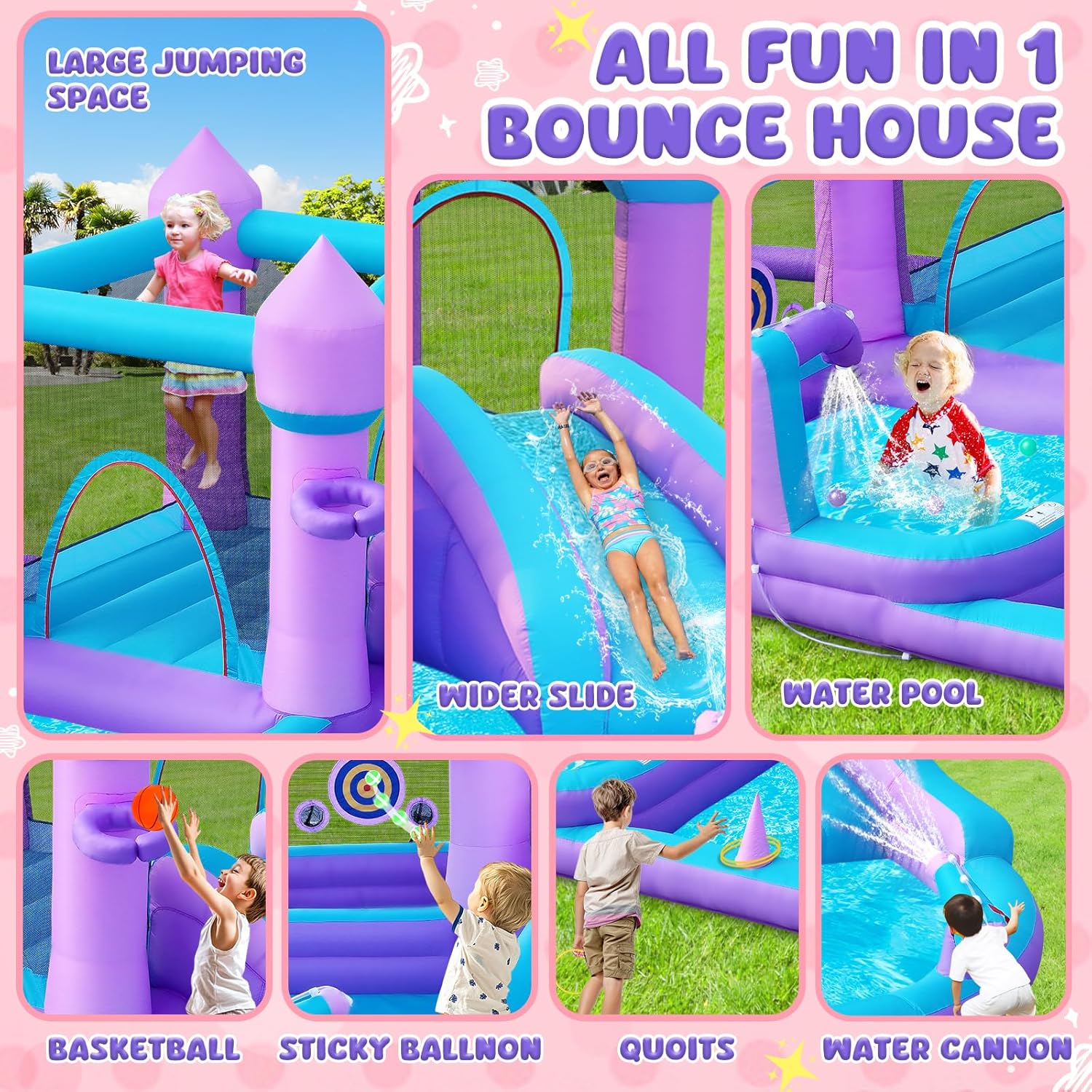 Thumbnail 5 de GYMMALL Water Bounce House with Slide (Kids 3–8) Purple Inflatable Castle with 480W Blower, Ball Pit & Water Play Set