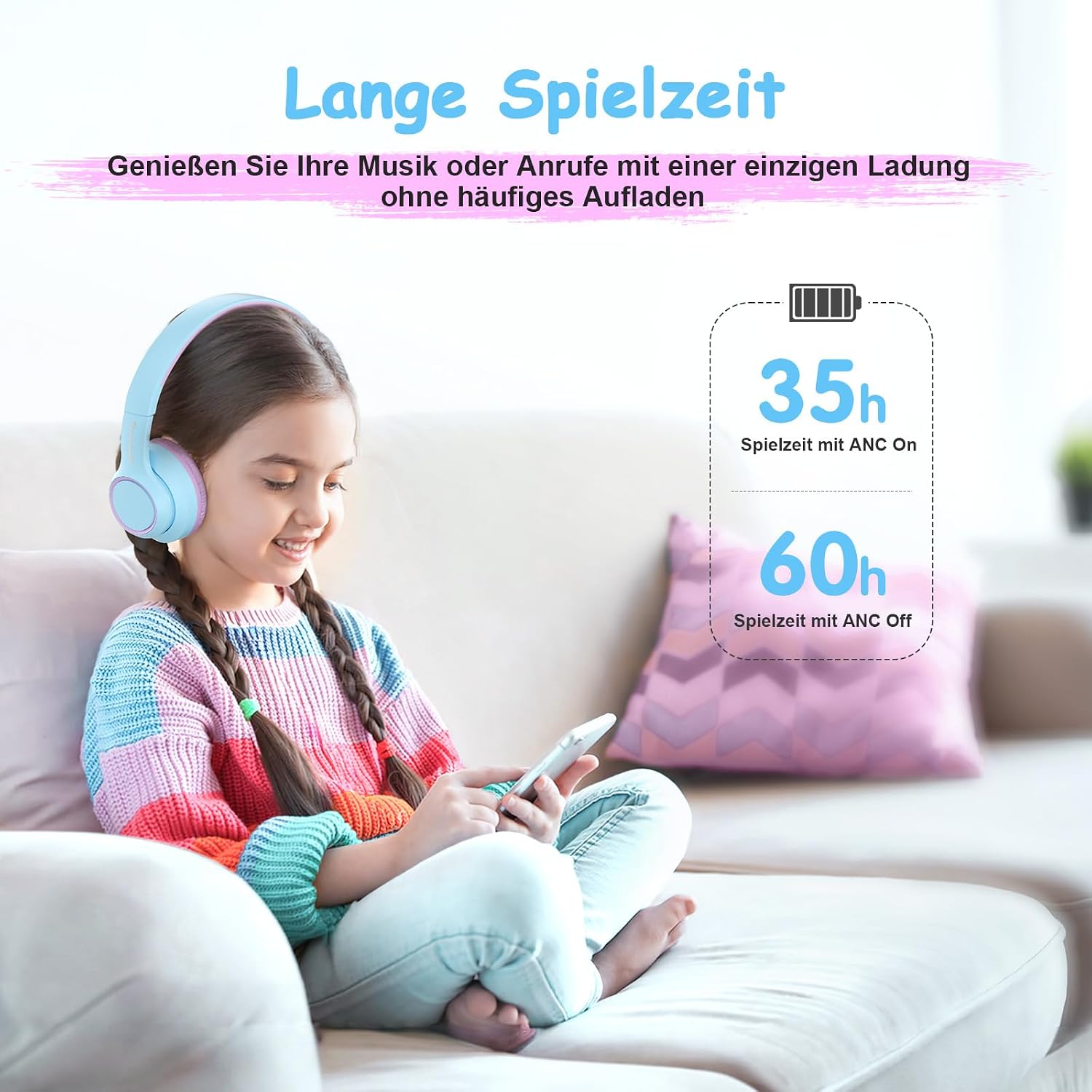 Thumbnail 6 de TONOSHARK Kinder Bluetooth Kopfhörer – Over-Ear mit Noise Cancelling, 60 Stunden Spielzeit, inkl. Tragetasche (Blau-Lila)