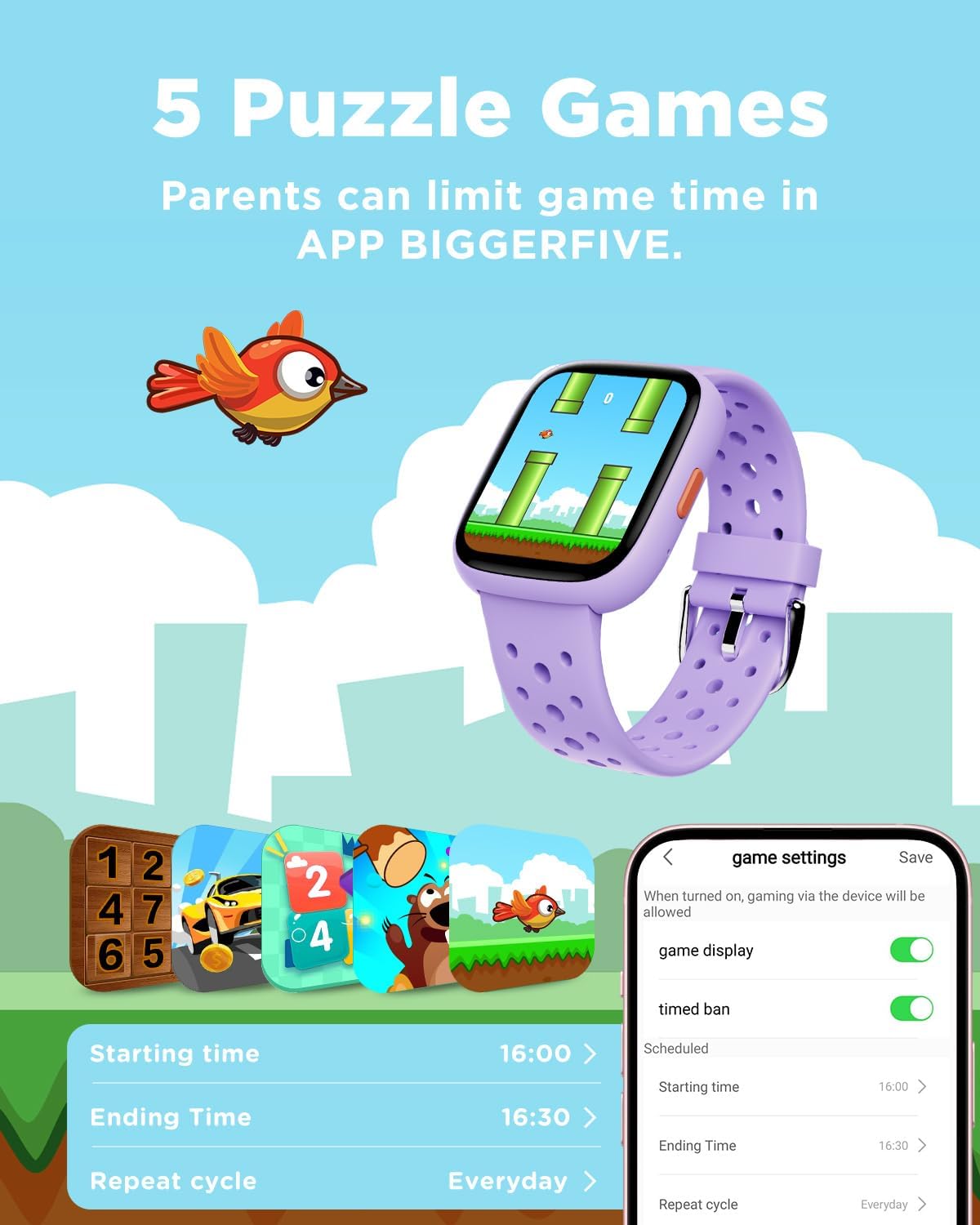 Detalle 2 de BIGGERFIVE Brave 2 Kids Smart Watch (Lilac) – No Phone Needed, 1.8" Fitness Tracker