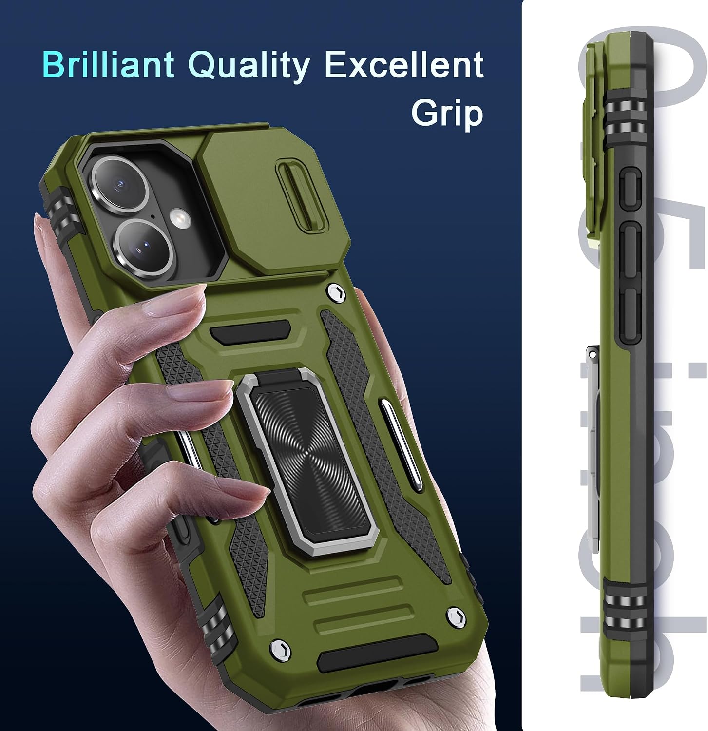 Thumbnail 6 de DEERLAMN iPhone 16 Armor Case with Sliding Camera Cover, Rotating Ring Kickstand + Tempered Glass Screen Protector (2-Pack)