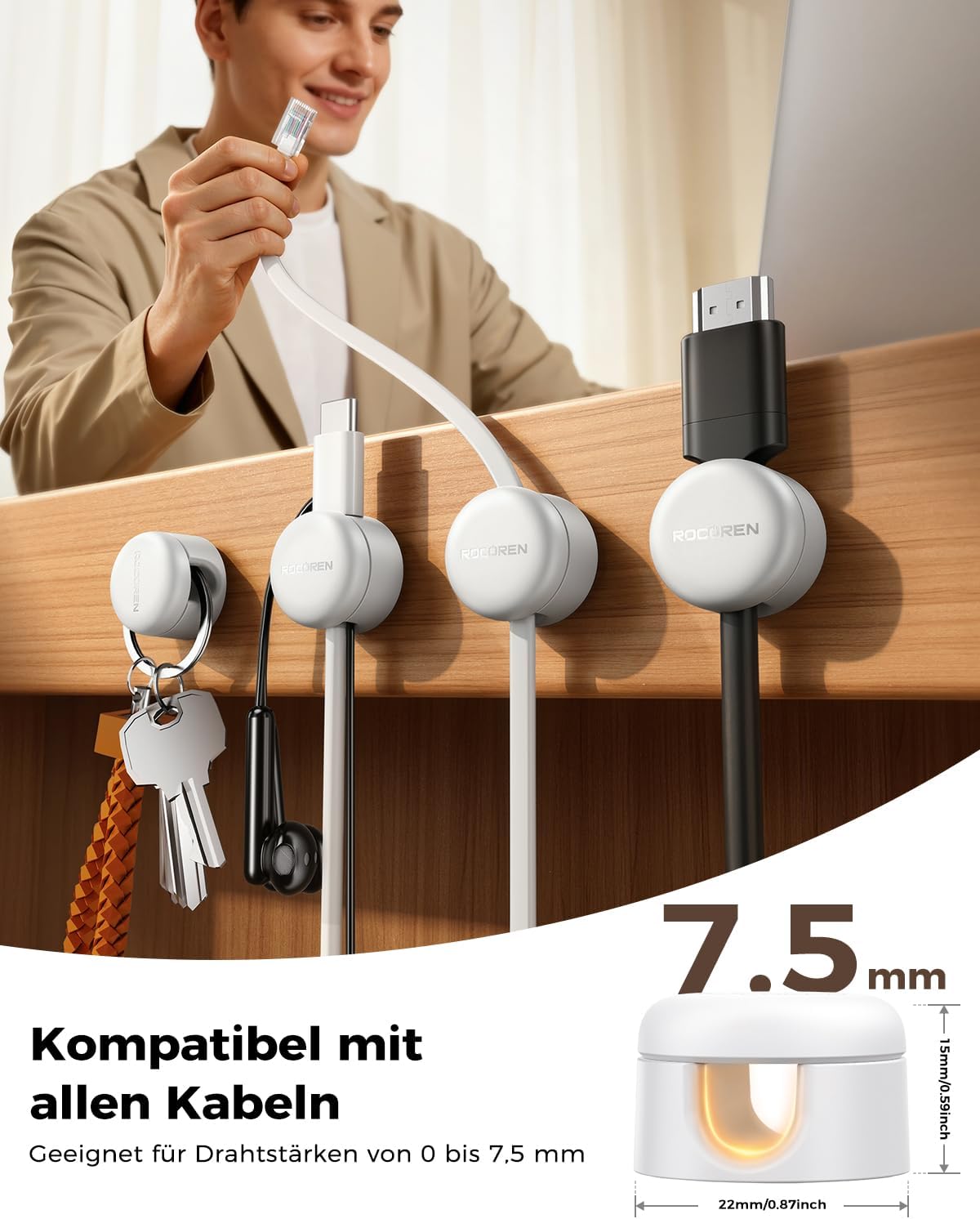 Thumbnail 2 de Rocoren Kabelhalter Selbstklebend – 360° gedreht, 9 Stück, Weiß