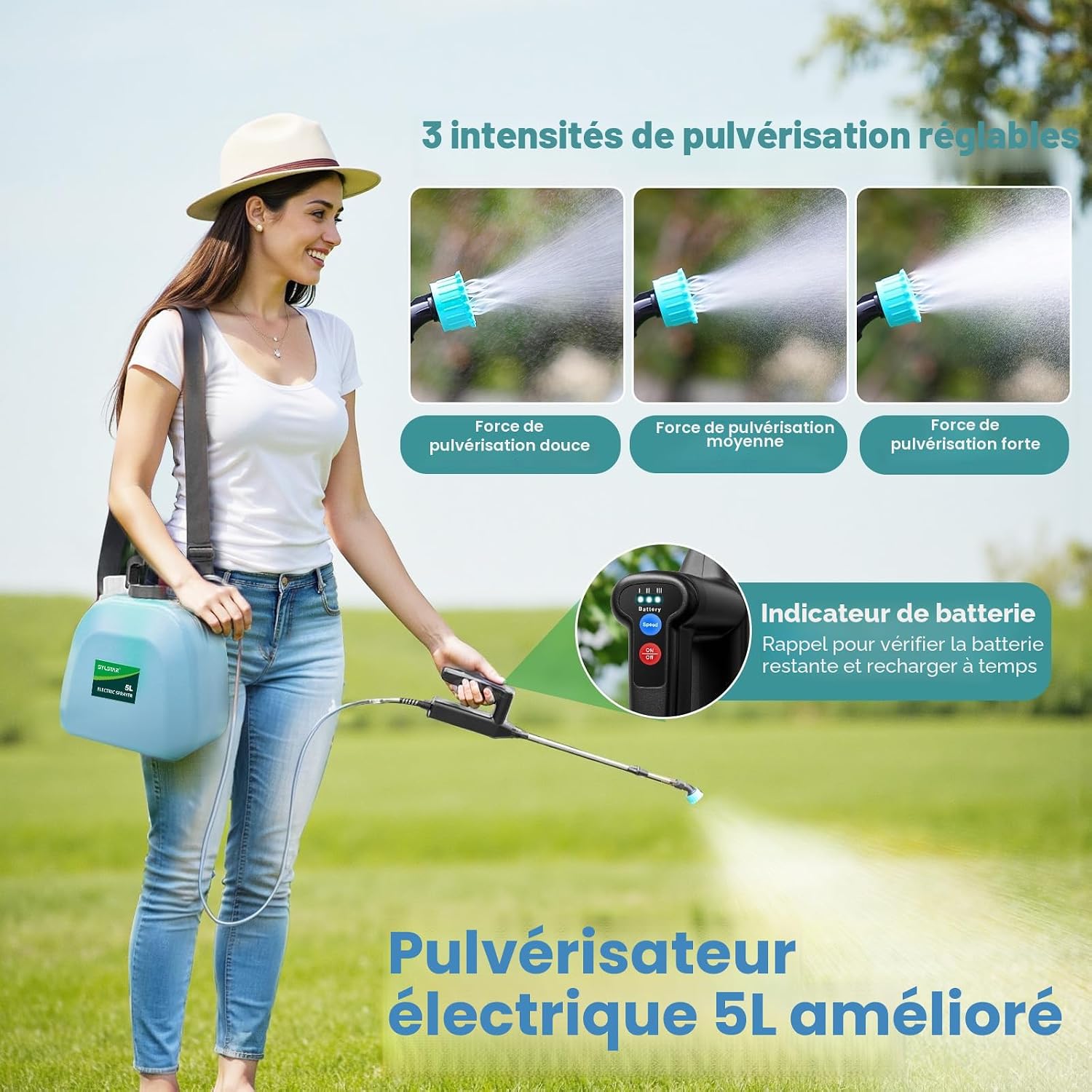 Detalle de SYLSTAR Pulverisateur Électrique 5L – Pulvérisateur de Jardin 7,4V avec 4 buses réglables et embout télescopique