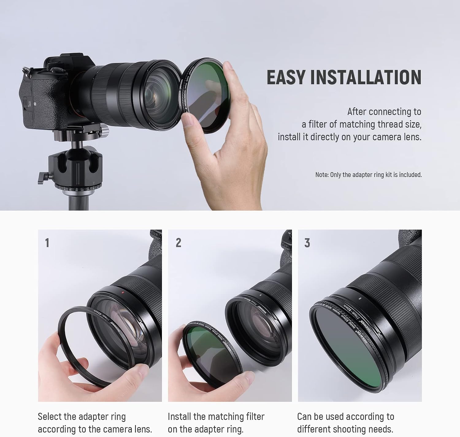Detalle 2 de Neewer Set di 9 lenti filtro con anelli adattatori in alluminio anodizzato (37-49…77-82 mm)