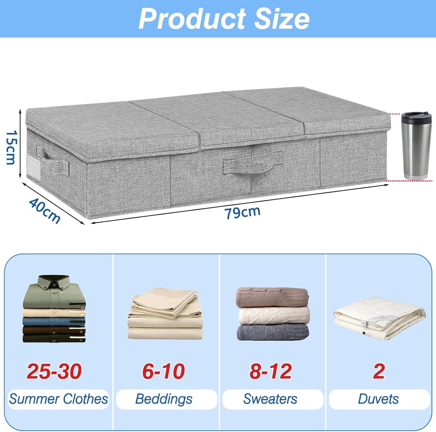 Thumbnail 1 de JUPELI 15cm Tall Under Bed Storage Box with Lid – 2 Pack, Foldable Fabric Boxes with Reinforced Sides