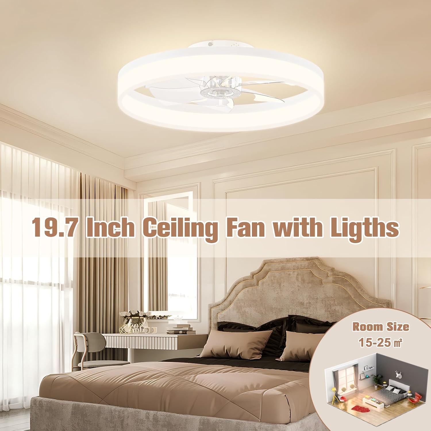Detalle de VOLISUN 21170ZM Low-Profile Ceiling Fan with Light, 6 Speeds, Remote & App