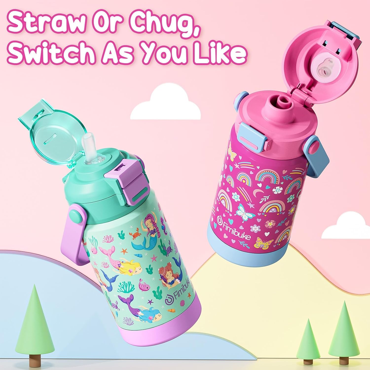 Thumbnail 5 de Fimibuke Kids Insulated Water Bottle with 3-in-1 Lid, 14oz, Leak-Proof 18/8 Stainless Steel (2-Pack)