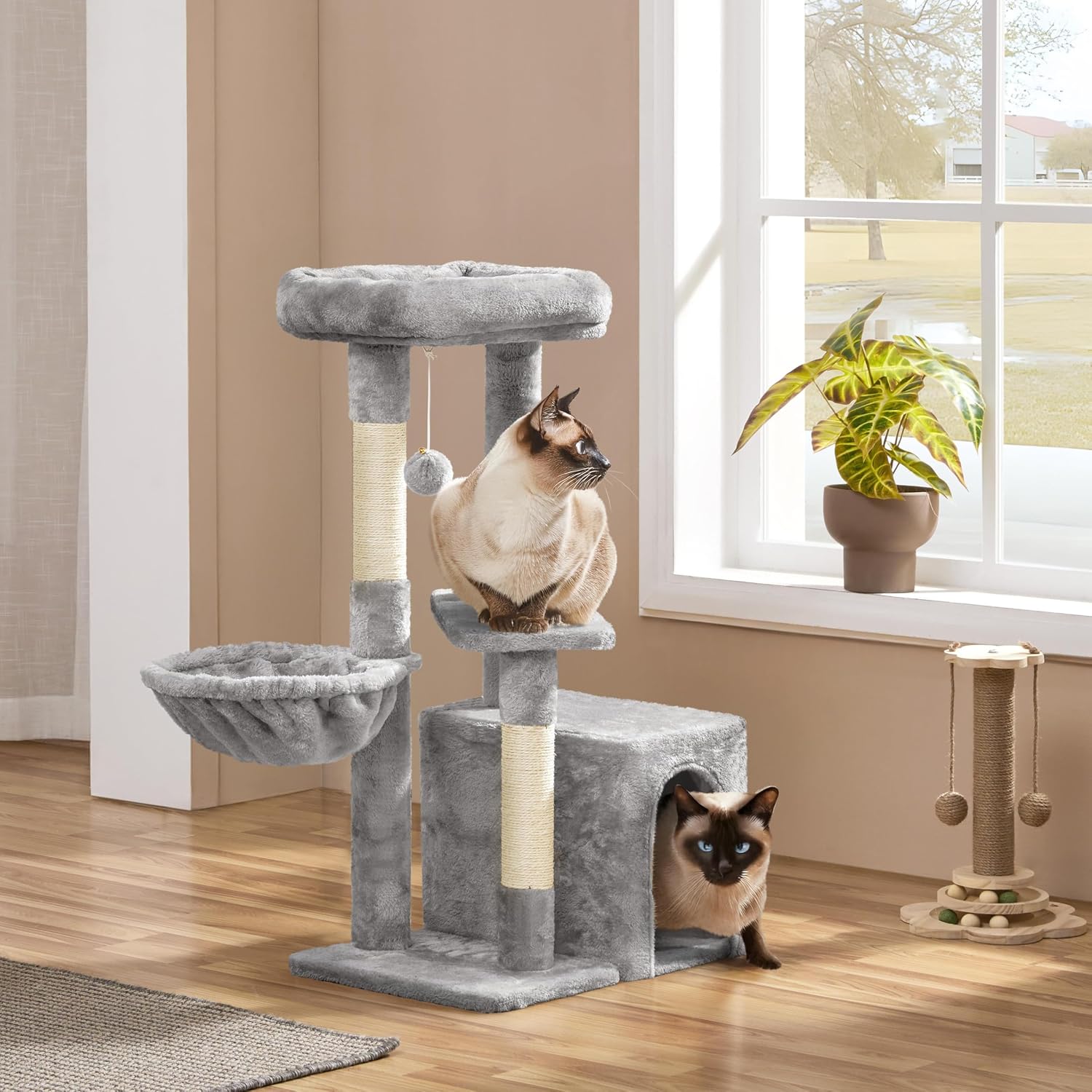 Detalle 2 de Yaheetech Kratzbaum 87 cm – stabiler Katzenbaum mit Aussichtsplattform, Liegemulde und Höhle aus Sisal
