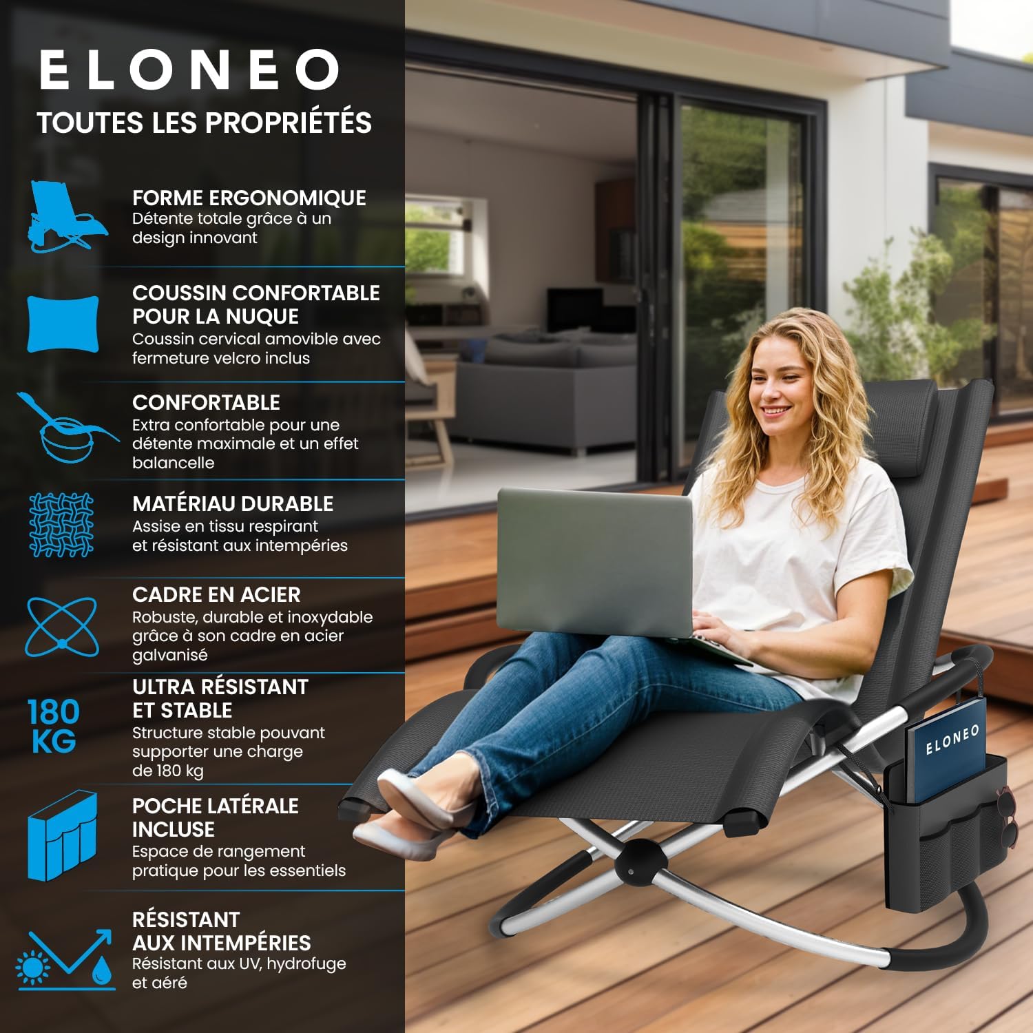 Detalle de ELONEO Chaise Longue à Bascule Extérieure avec Pochette – confort zéro gravité et matière résistante