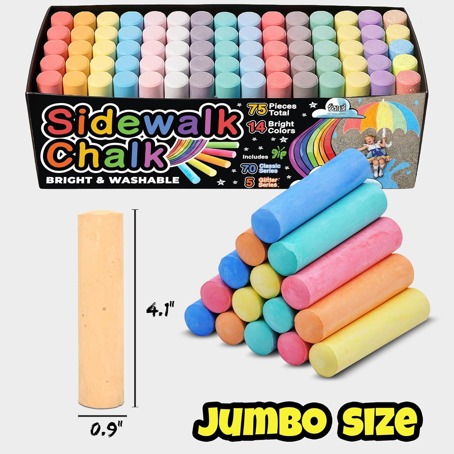 Detalle de 75 PCS Sidewalk Chalk for Kids - 14 Colors, 5 Glitter, Non-Toxic Washable Jumbo Chalks