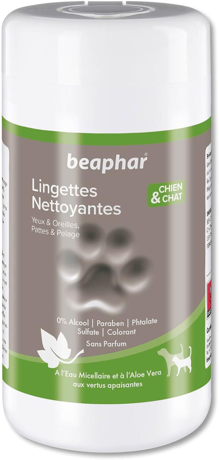 Beaphar Lingettes Nettoyantes Yeux, Oreilles, Pattes et Pelage pour Chien etChat – Calendula apaisante – 100 lingettes