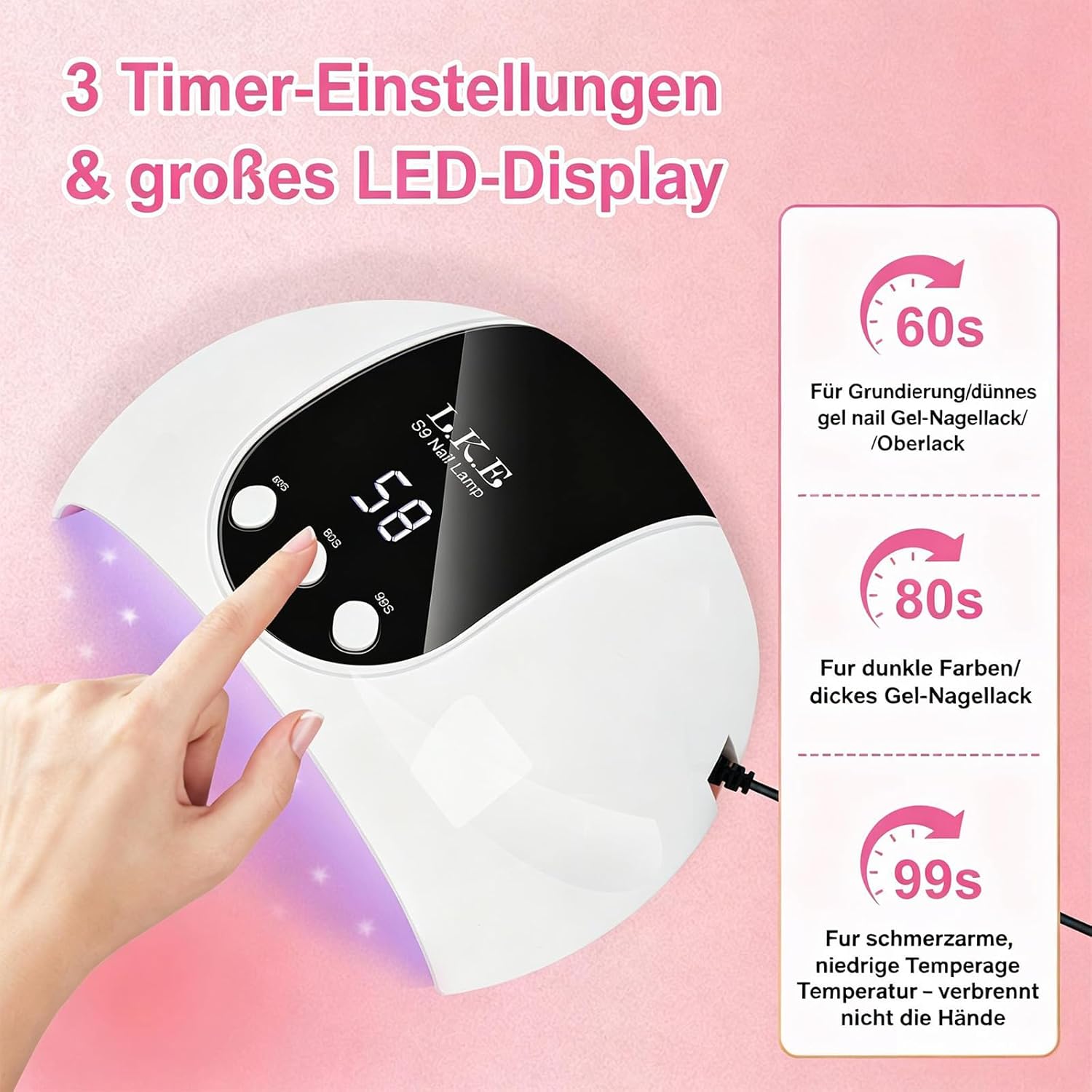 Detalle de UV Lampe für Gelnägel 54W – Tragbare Nagellampe mit 3 Timern, LCD-Display und Auto Sensor