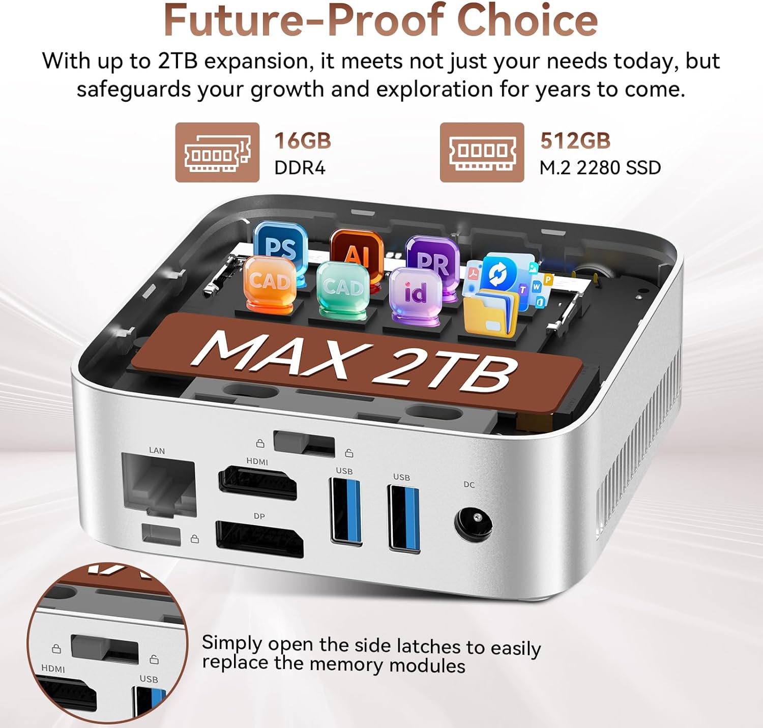 Detalle de Huidun H80 Mini PC with Ryzen 5 - Win 11 Pro, 16GB RAM, 512GB SSD, 4K@60Hz