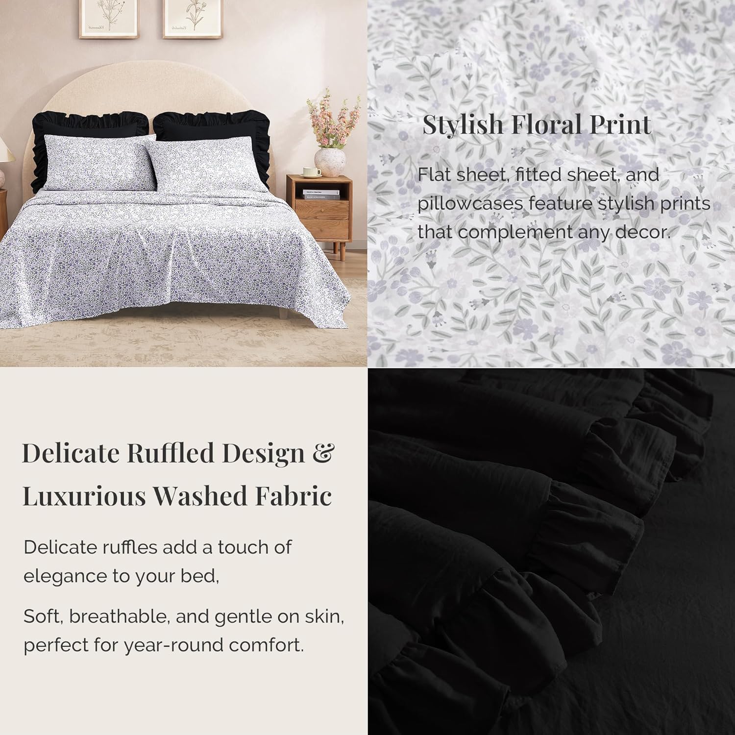 Thumbnail 3 de BLOOMHAVEN Queen Comforter Set - 7 Pieces with Ruffle Edge, Floral Black Bedding