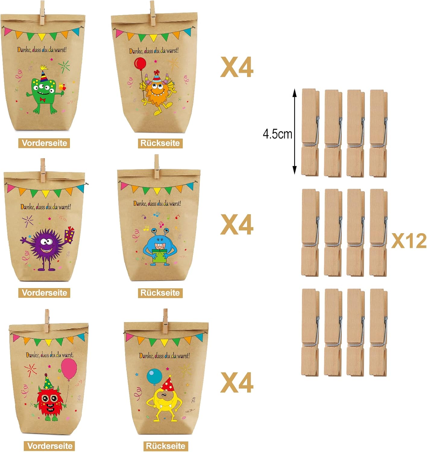 Detalle de Monster Geschenktüten Monster Papiertüten-Set (12 Stück) mit 6 Motiven und Holzklammern