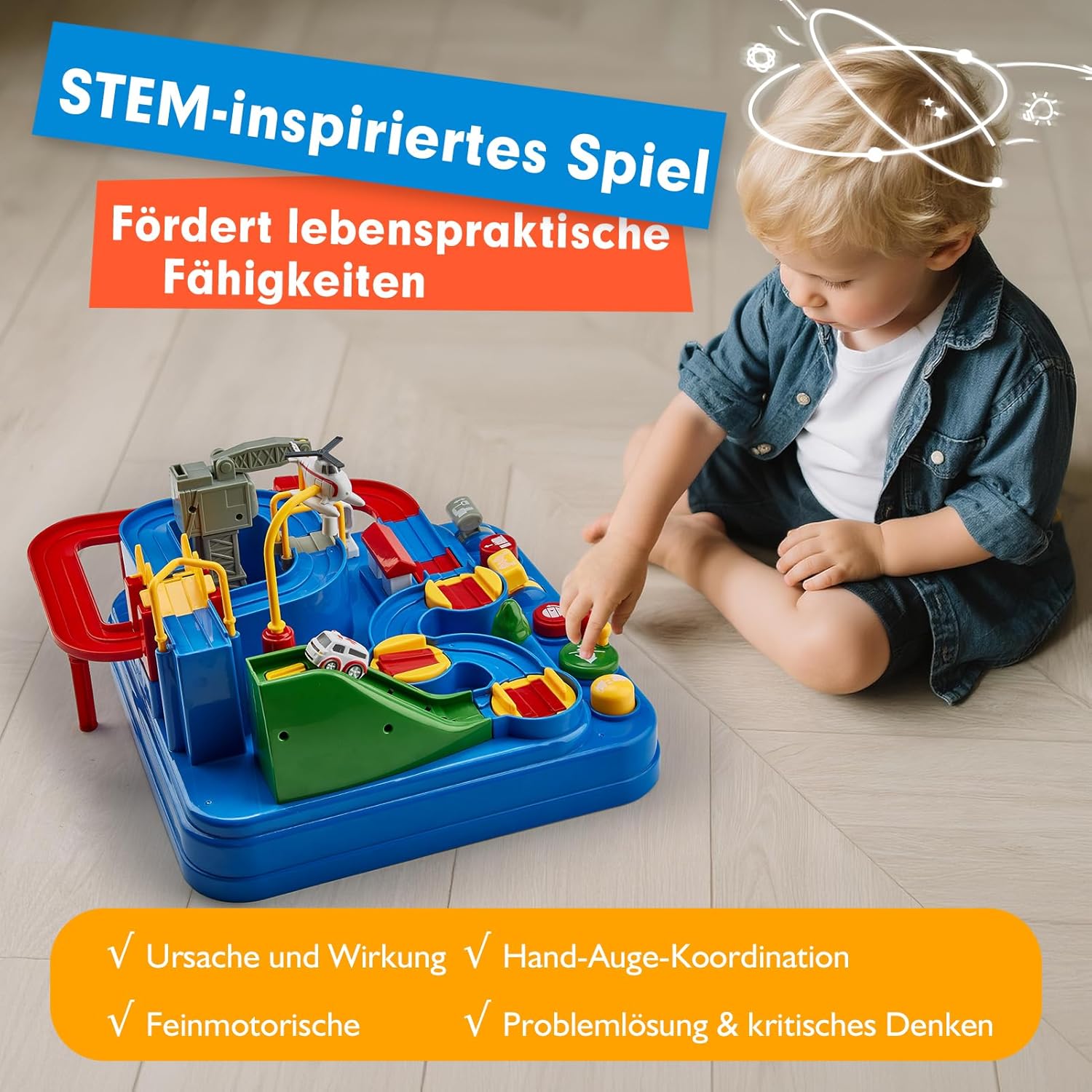 Detalle de hahaland Auto-Spielzeug ab 3 Jahre – interaktive Rennbahn mit 3 Fahrzeugen, Montessori & STEM