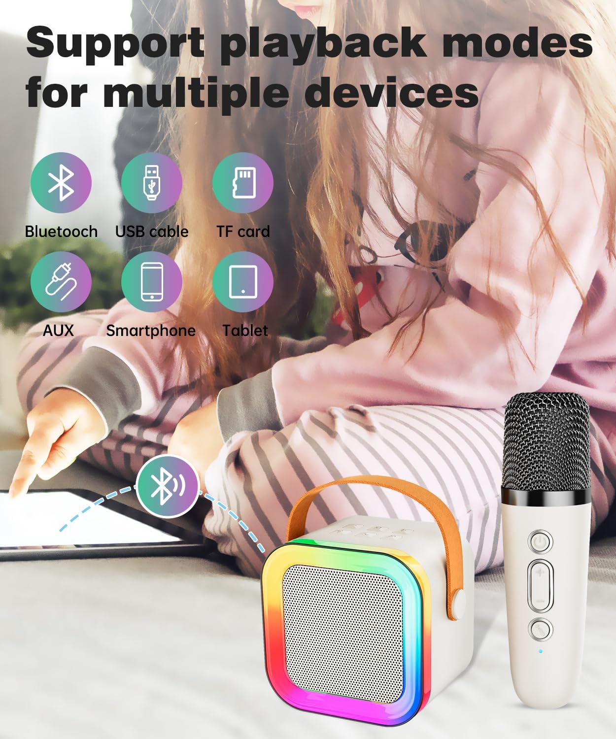 Thumbnail 6 de Mini Karaoke Machine Speaker for Kids & Adults (Off-White, 2 Mic) – Portable Bluetooth Karaoke System