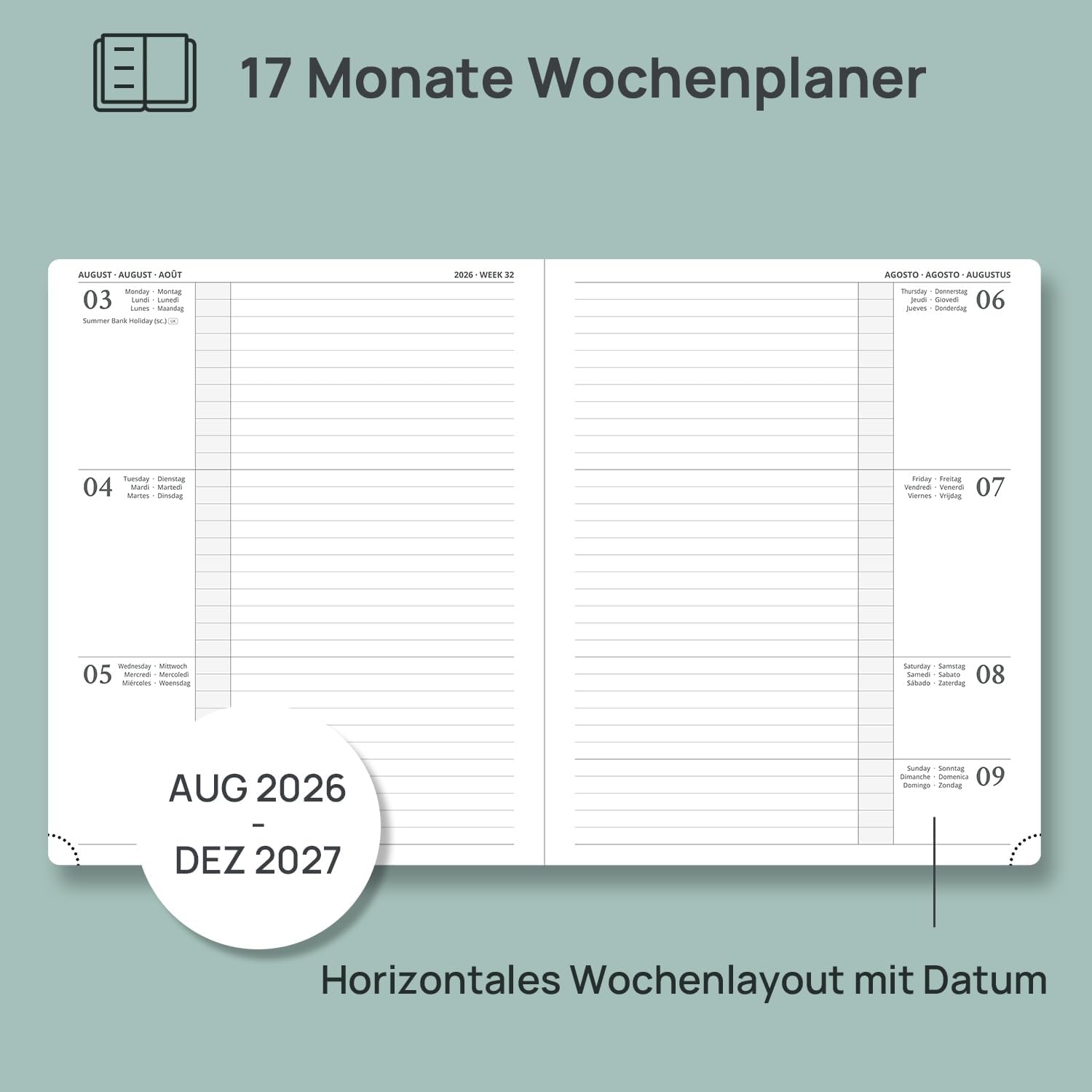 Thumbnail 2 de POPRUN Kalender 2026/2027 Horizontale Wochenplanung – 17-Monate-Terminkalender, A4-Format, Hartcover, Waldgrün