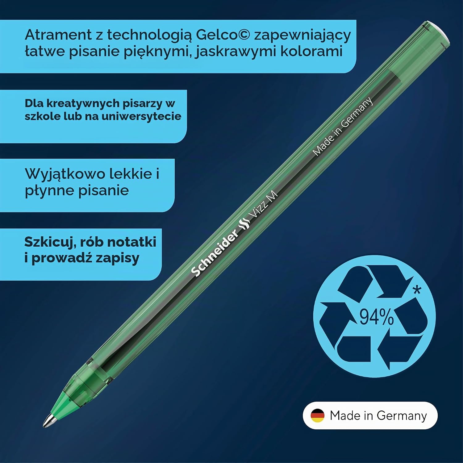 Thumbnail 1 de Schneider Vizz 102204 – zielone długopisy jednorazowe, końcówka M, 10 sztuk