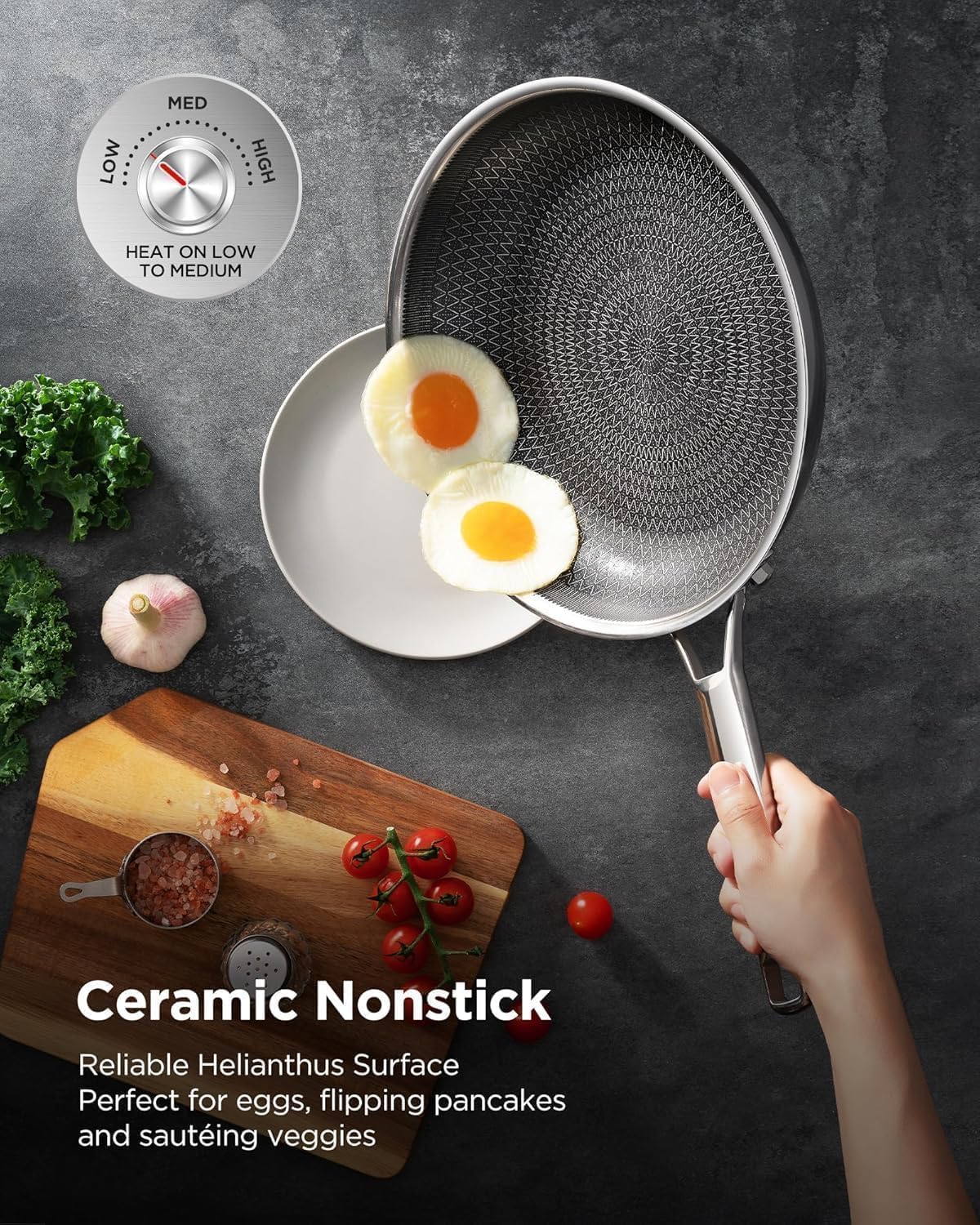 Detalle 2 de Roomena Frying Pans Non Stick Hybrid Ceramic Skillet (12 Inch) with Lid