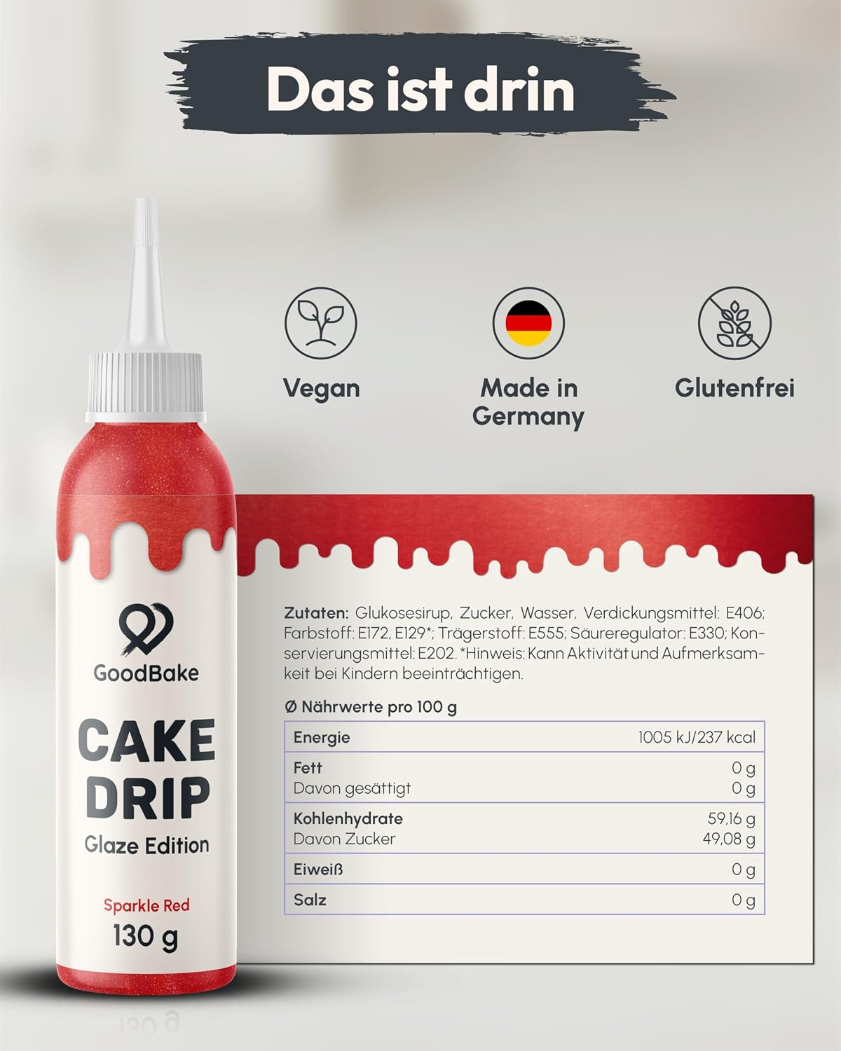 Thumbnail 1 de GoodBake Cake Drip Glaze 130g Rot – vegane Glukose-Glasur für feine Tortendeko
