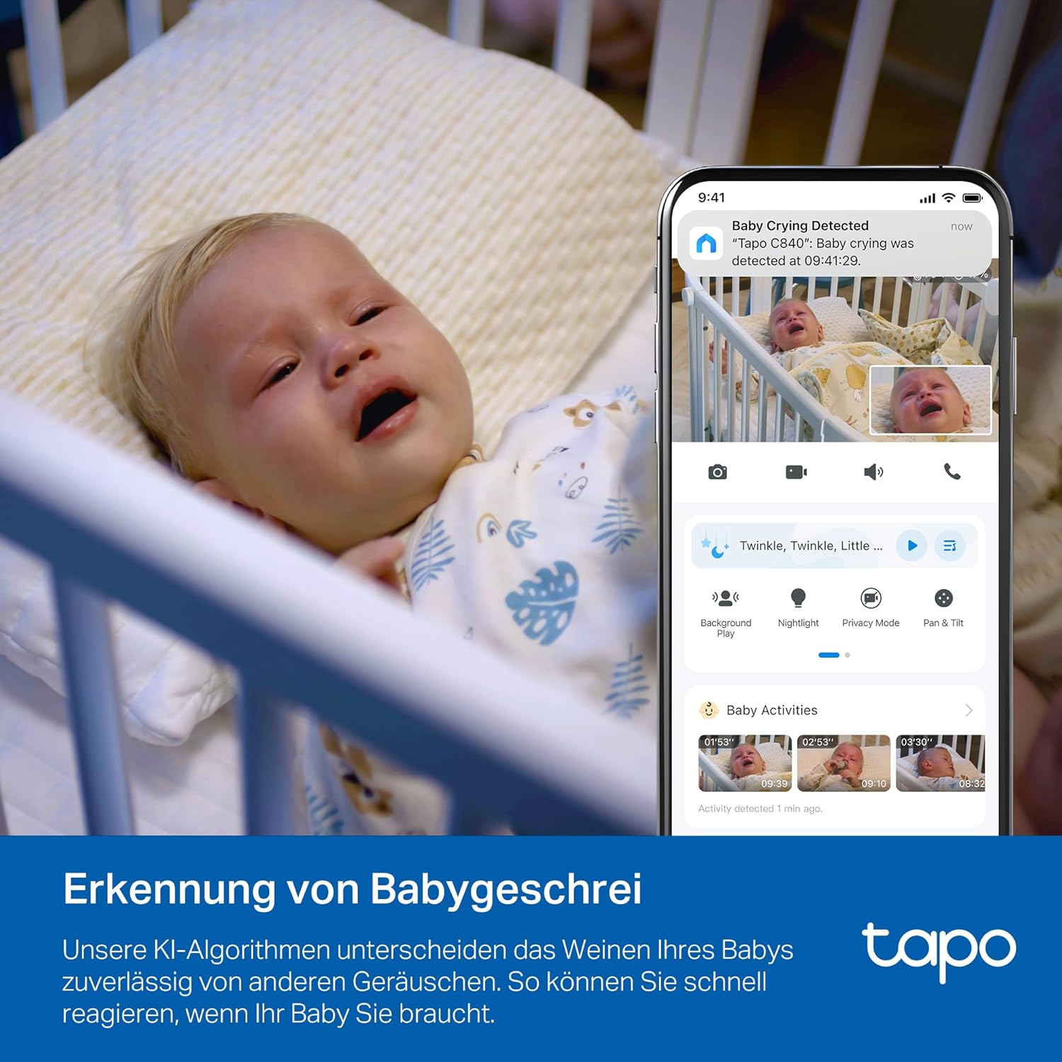Detalle de Tapo C840 Dual-Objektiv BabyCam – Dual-Lens, Babygeschrei-Erkennung, Schlafanalyse und MicroSD-Speicherung