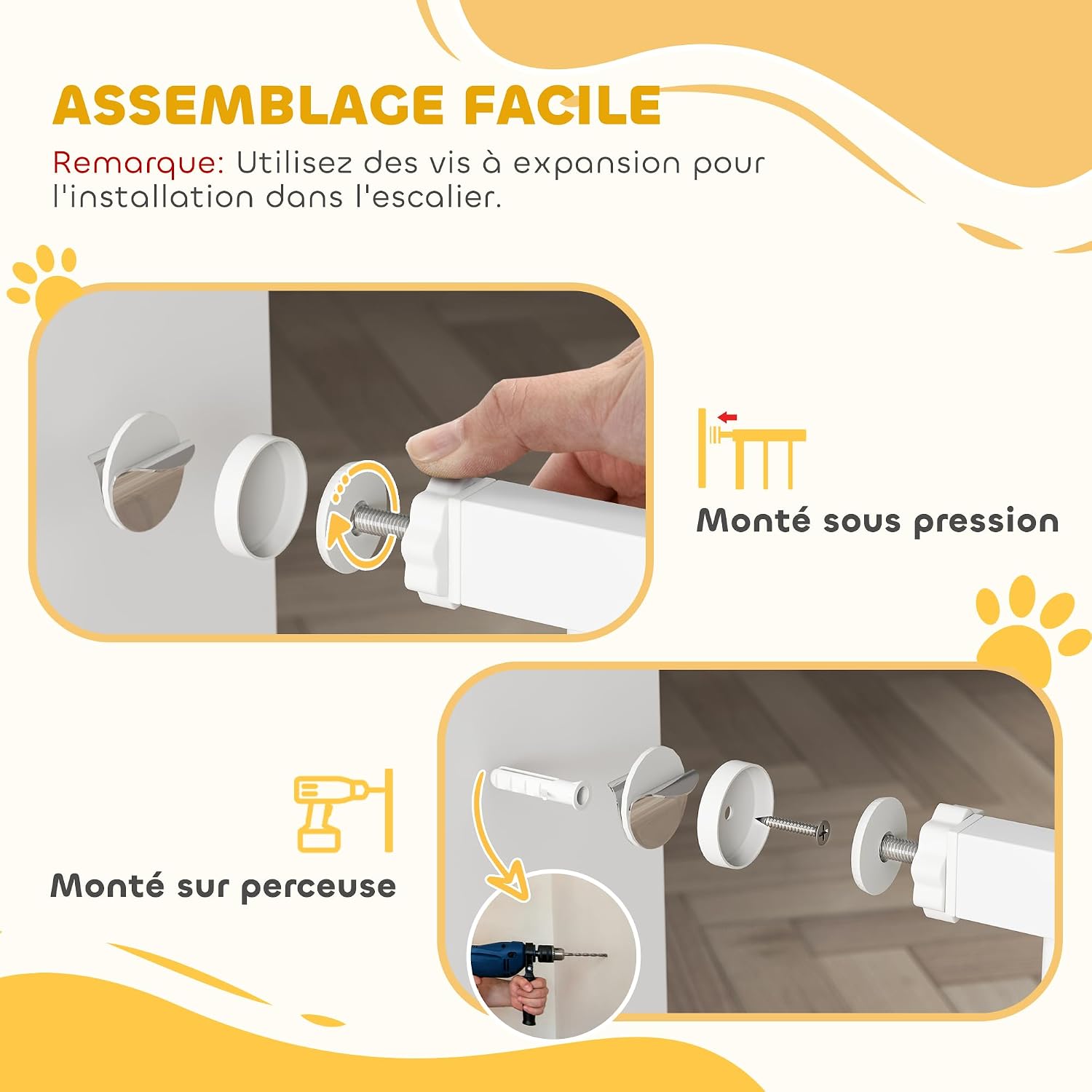 Detalle 2 de PawHut Barrière de sécurité pour chien extensible 75–85 x 76 cm (montage à pression, acier et ABS) pour escaliers et couloirs