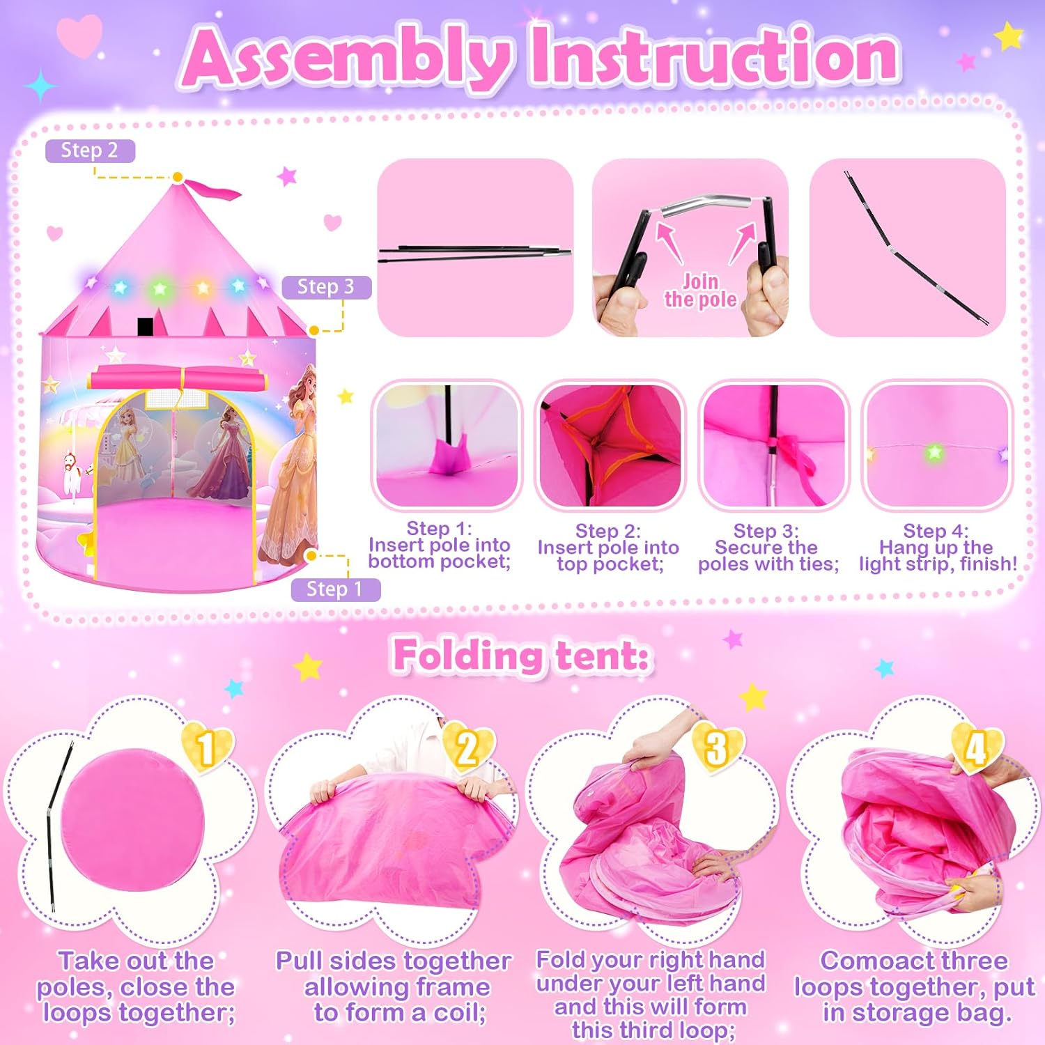 Thumbnail 3 de Princess pop up play tent for girls aged 3–7, foldable teepee with princess design and LED star light