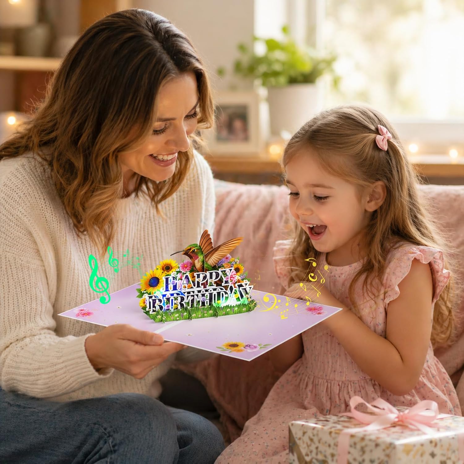 Detalle de Birthday Card: 3D Pop-Up with Music & Light – Hummingbird Flowers