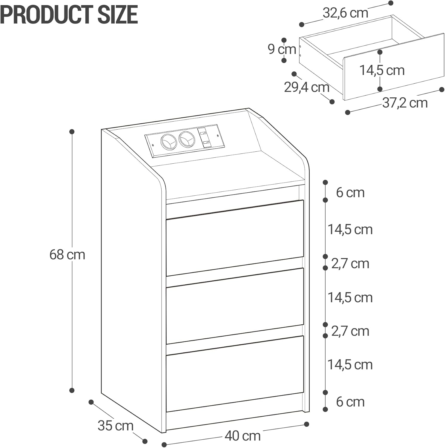 Thumbnail 2 de Hzuaneri NS40016X table de chevet avec 3 tiroirs, station de charge et LED