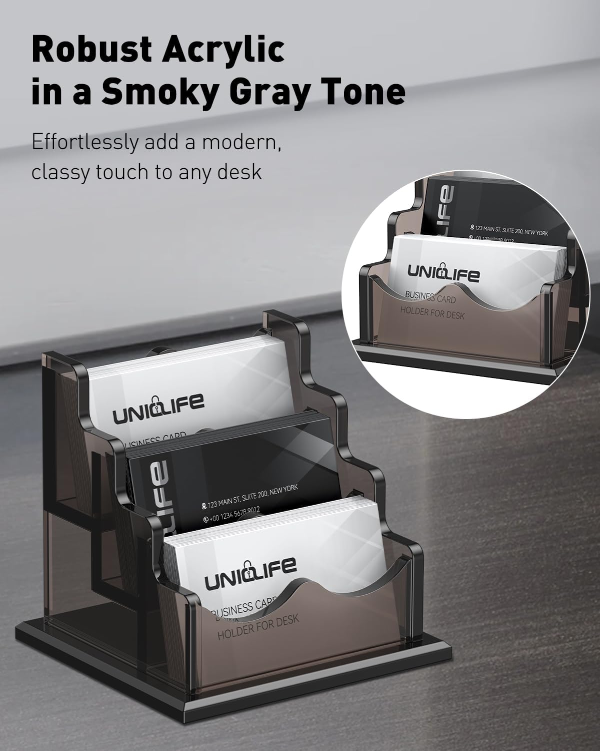 Detalle de Uniclife Porte-cartes d'affaires en acrylique — 3 fentes, 180 cartes, design gris fumé