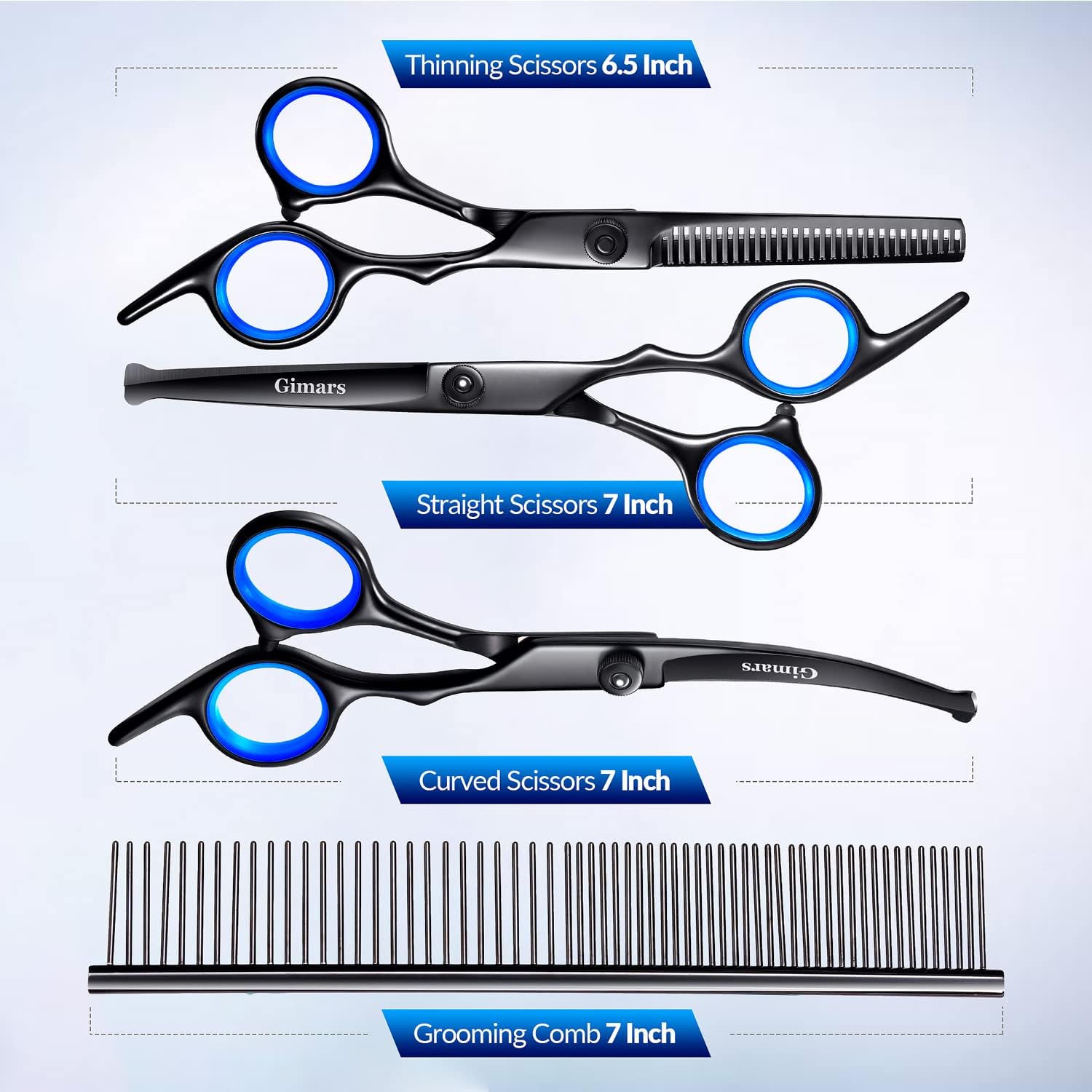 Detalle de Gimars 4C 5-in-1 Dog Grooming Scissors Kit with Safety Round Tips – 4CR Stainless, Titanium Coated (Black)