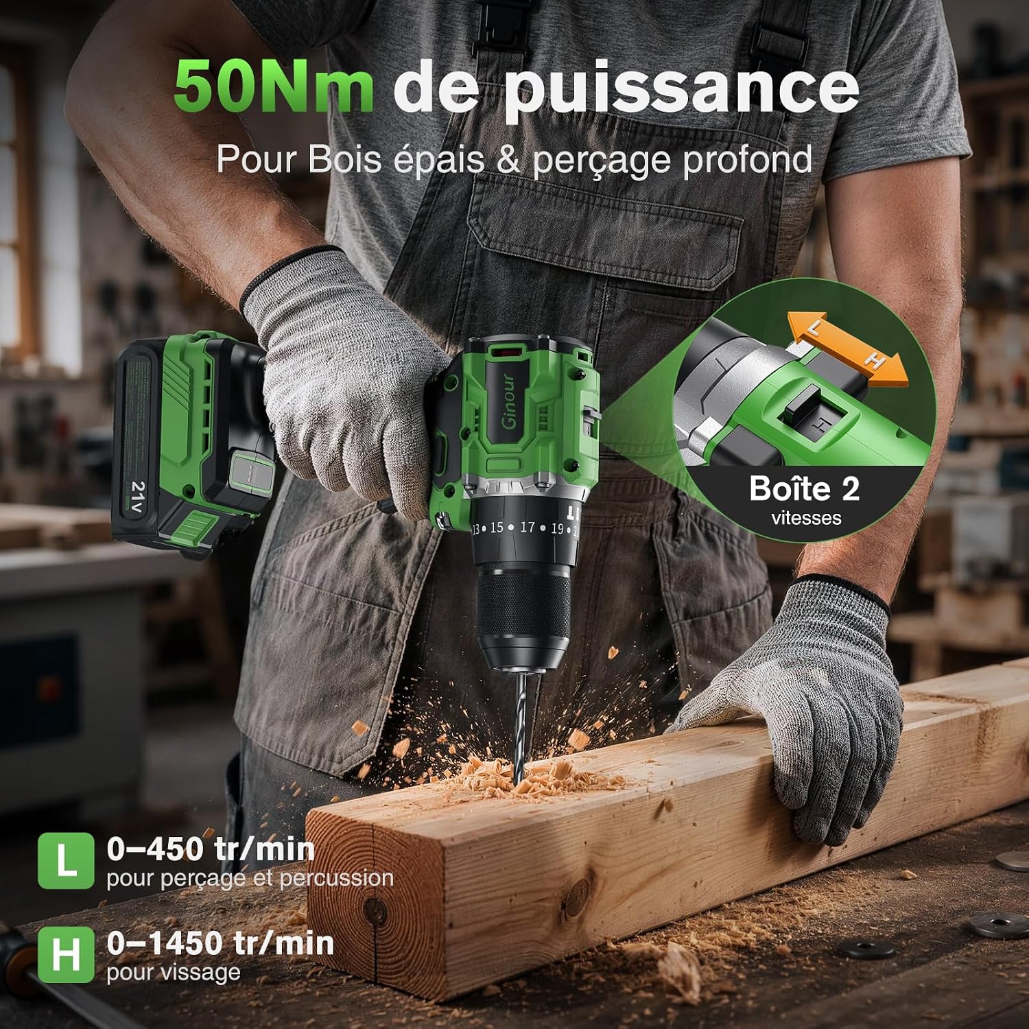 Thumbnail 2 de Ginour Brushless Perceuse-Visseuse à Percussion sans fil 50 Nm, 21V – 2 vitesses, 10 mm, batterie 2 Ah
