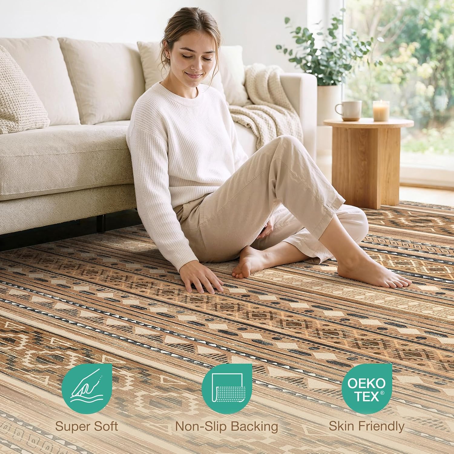 Detalle de cotiled 8x10 Washable Boho Area Rug with Non Slip Backing (Brown/Beige)