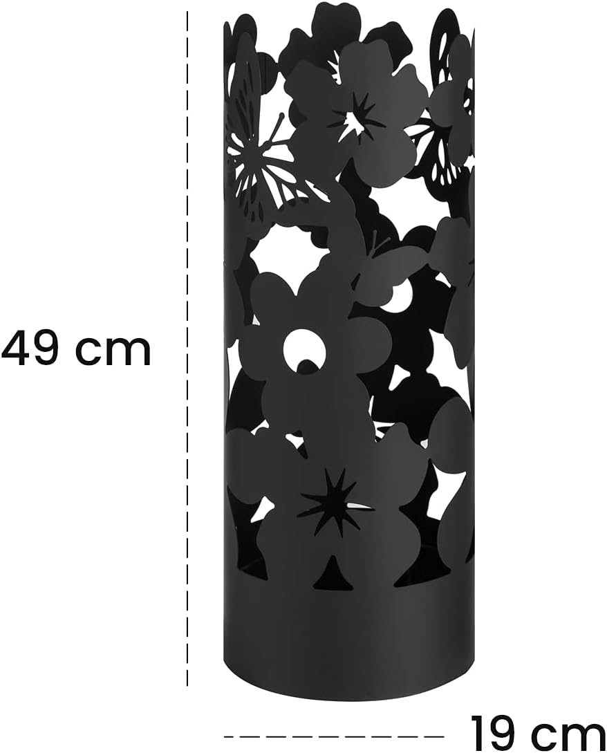 Thumbnail 1 de Baroni Home Portaombrelli Design Moderno in Metallo Flowers con 2 Gancini e Vaschetta Scolapioggia (Nero) 19x19x49 cm