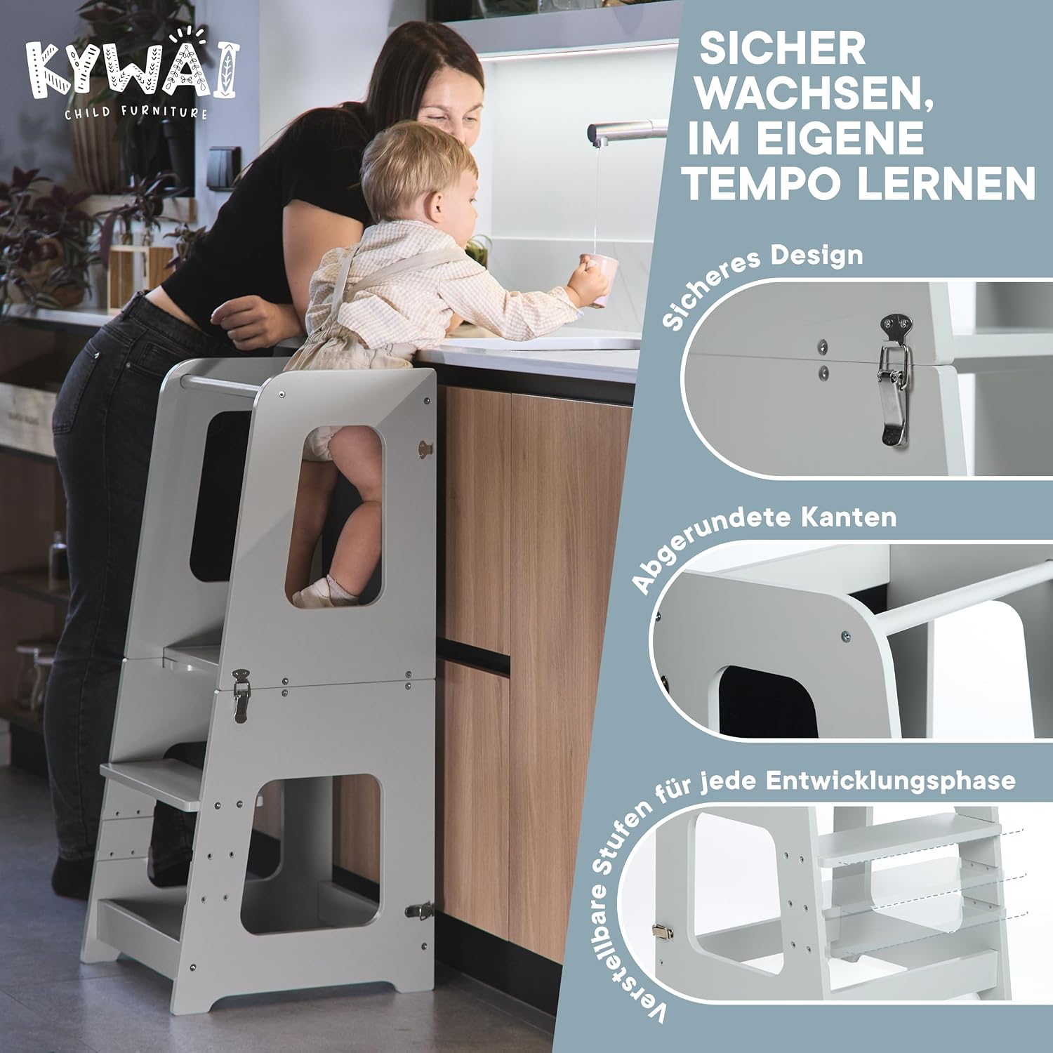 Thumbnail 1 de KYWAI Montessori Lernturm ab 1 Jahr – klappbar, 2-in-1 Premium Learning Tower & Tisch (grau)