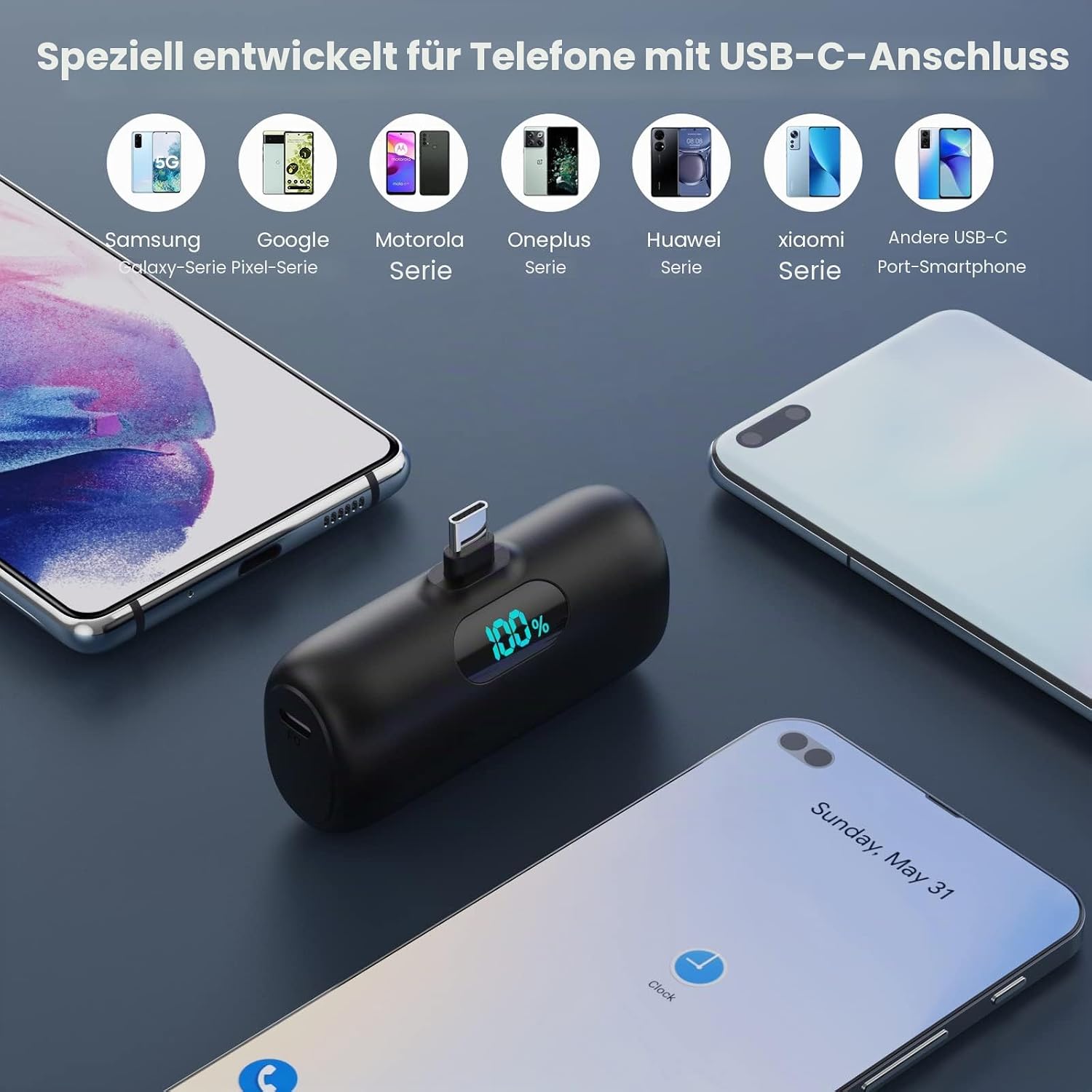 Detalle de Feob Power Bank USB C 5000mAh – 15W PD Schnellladung, kompakt mit LCD-Display
