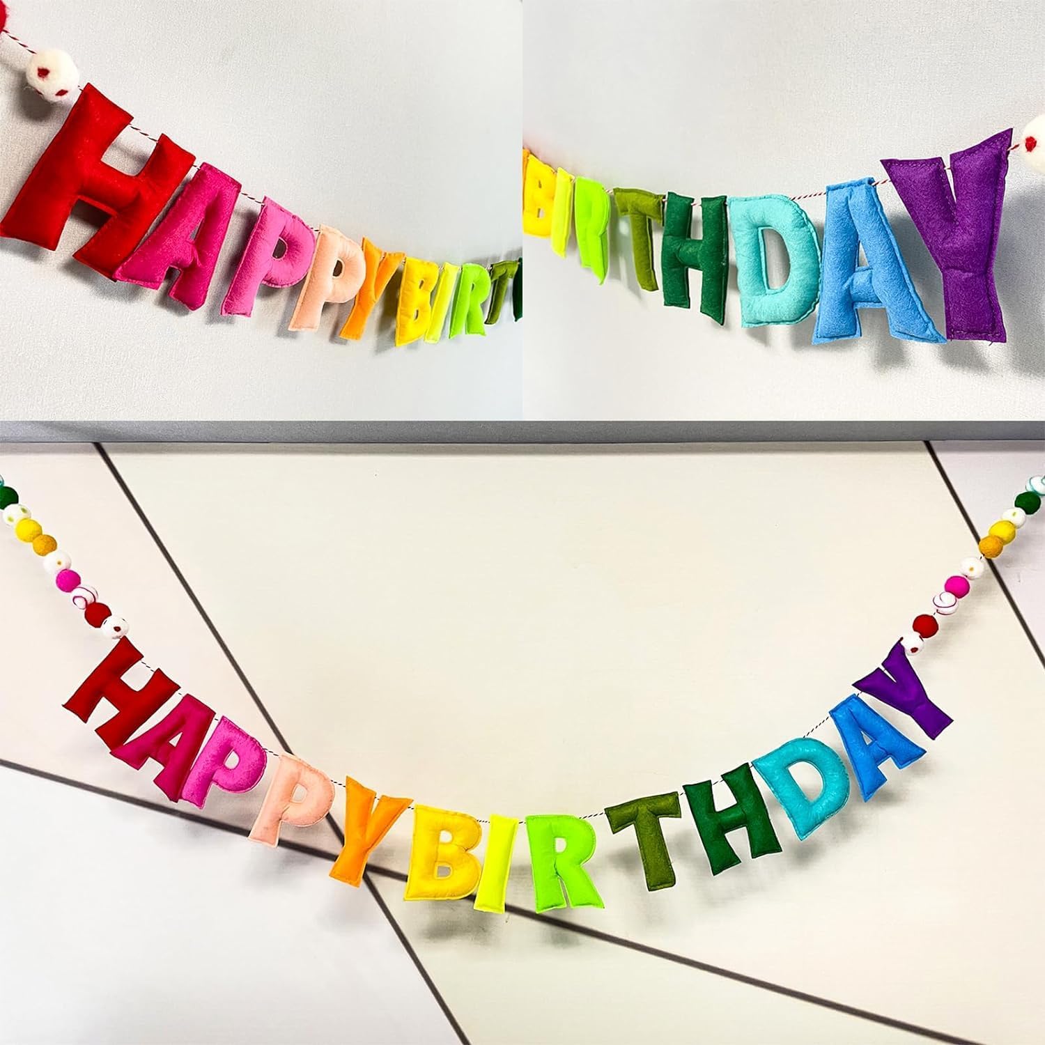 Detalle de Pre-Strung Happy Birthday Banner - Felt Ball Garland (Red) – Rainbow Themed, Ready to Hang