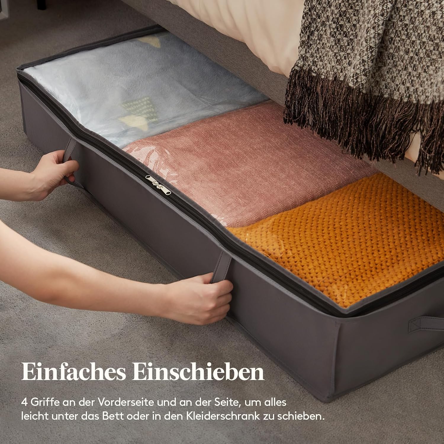 Detalle de Lifewit Aufbewahrungstasche Unterbettkommode (3er-Set, 75L) – faltbar, mit Deckel und transparentem Fenster, grau
